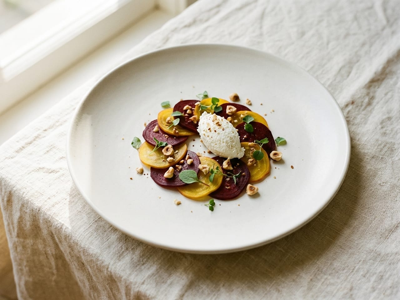 Overlapping thin slices of deep red and golden beetroot on a matte white coupe plate with a spoon of whipped white goat cheese, crushed toasted hazelnuts and a few small green leaves