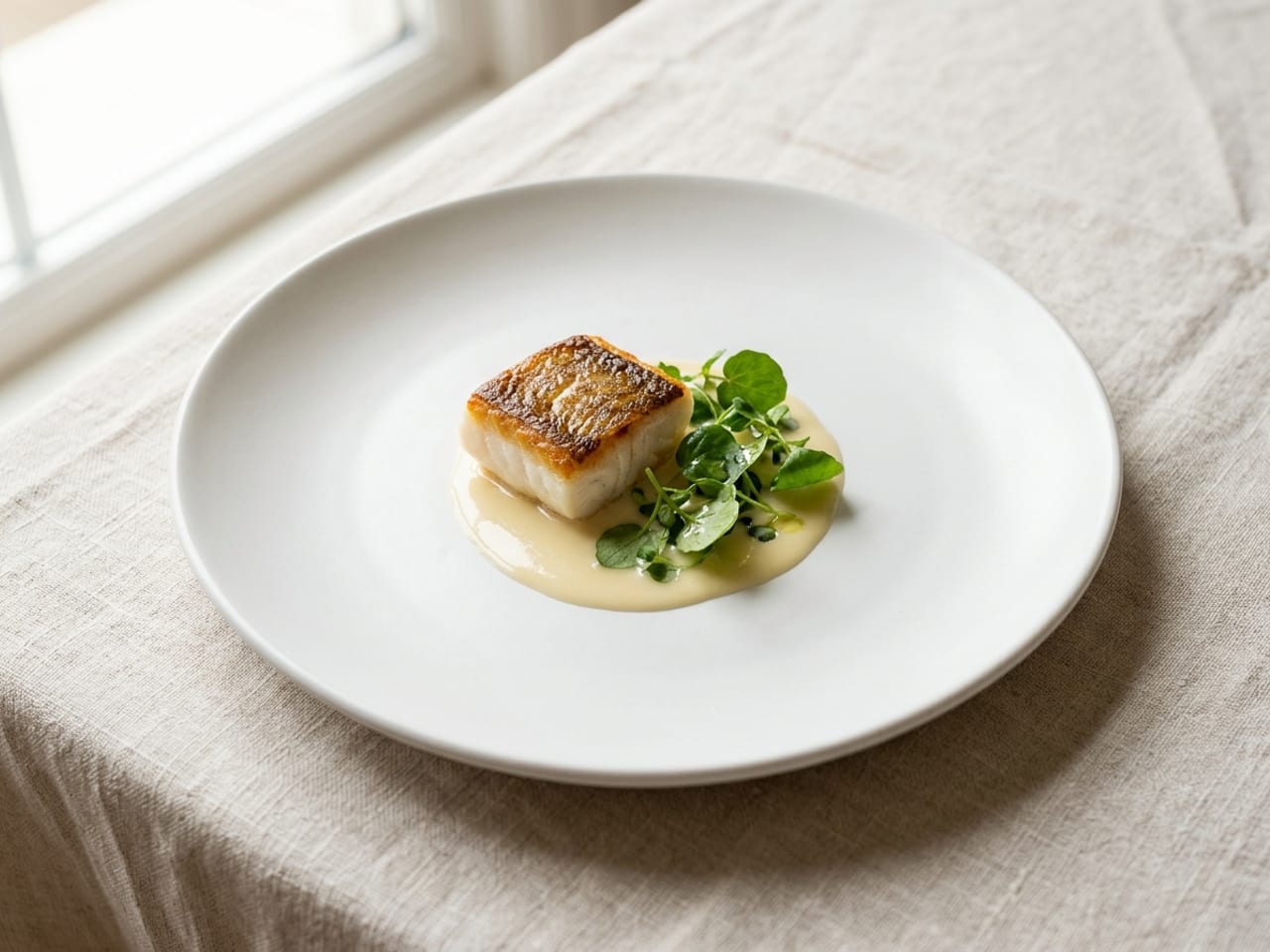 A small square of seared cod with golden crisp skin resting on a pool of pale beurre blanc on a matte white coupe plate, a few small green leaves beside it
