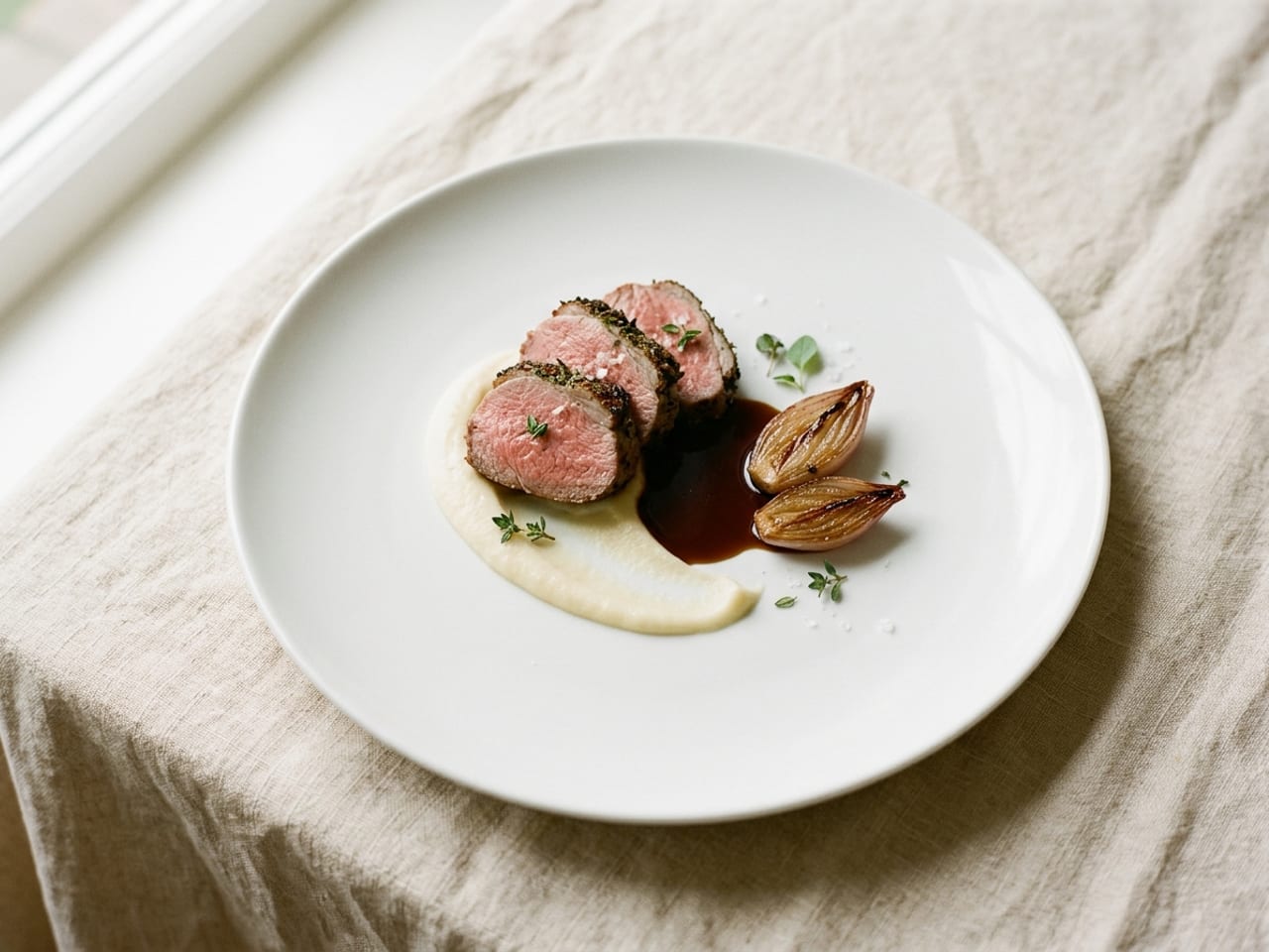 Three slices of pink roast lamb loin fanned over a smooth spoon of ivory celeriac purée on a matte white coupe plate, a pool of glossy dark jus and two small roasted shallot halves