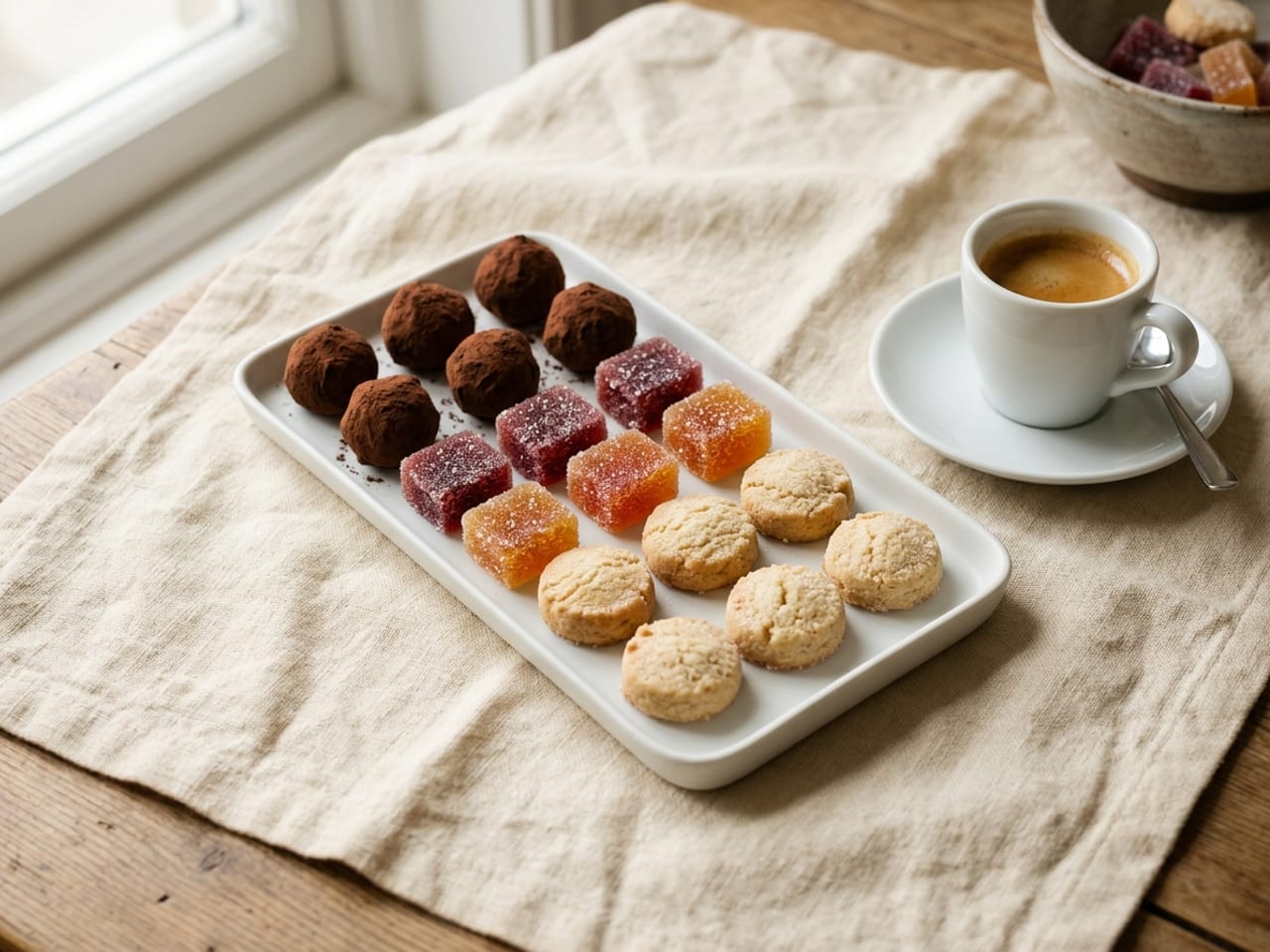 A small white porcelain tray of bite-sized sweets beside a white espresso cup: dark chocolate truffles, sugar-coated squares of red and orange fruit jelly and small round shortbread biscuits