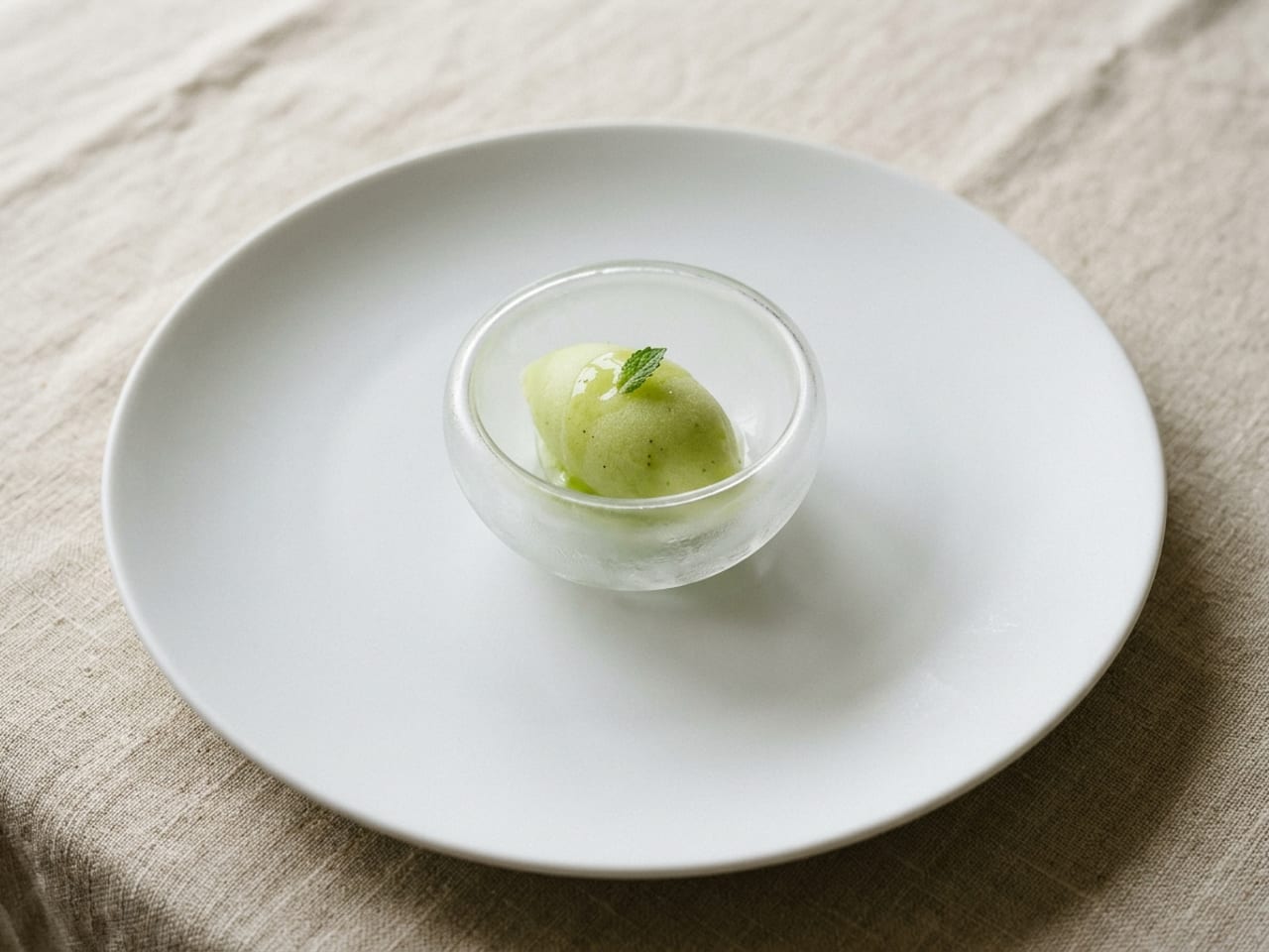 One small quenelle of pale green apple sorbet in a small chilled clear glass bowl with a frosted surface, standing on a matte white coupe plate