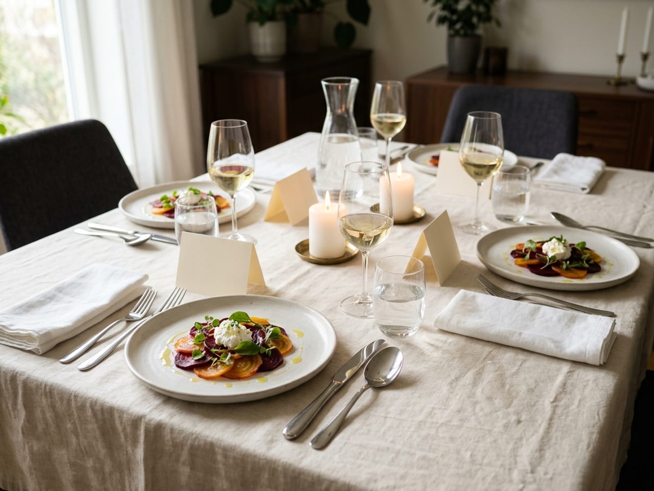 A home dining table set for a multi-course dinner on cream linen: white coupe plates each holding a small first course of sliced red and golden beetroot with whipped goat cheese, folded white napkins, cutlery for several courses, wine and water glasses, low candles and a small blank cream card standing at each place