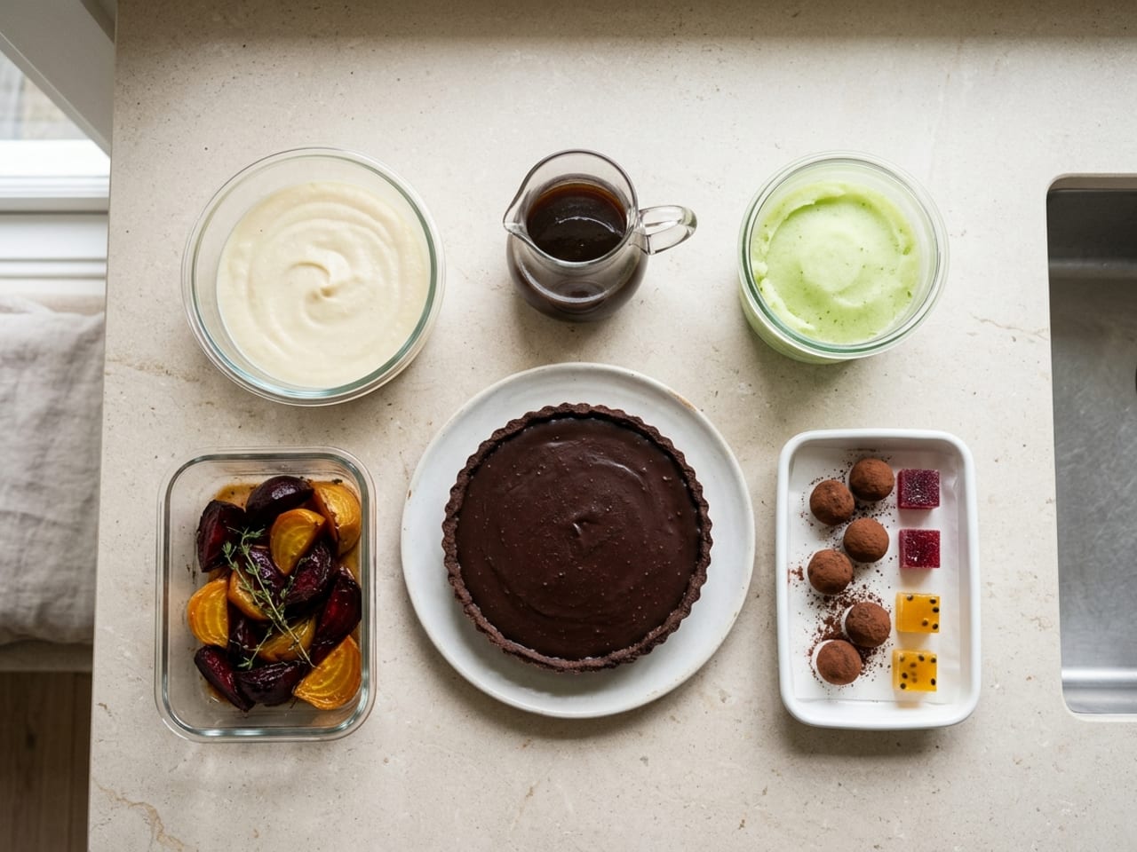 Make-ahead parts of a multi-course dinner on a kitchen counter in plain unlabeled glass containers: smooth celeriac purée, a jug of dark jus, a tub of pale green sorbet, a baked chocolate tart, a container of roasted beetroot and a tray of small sweets