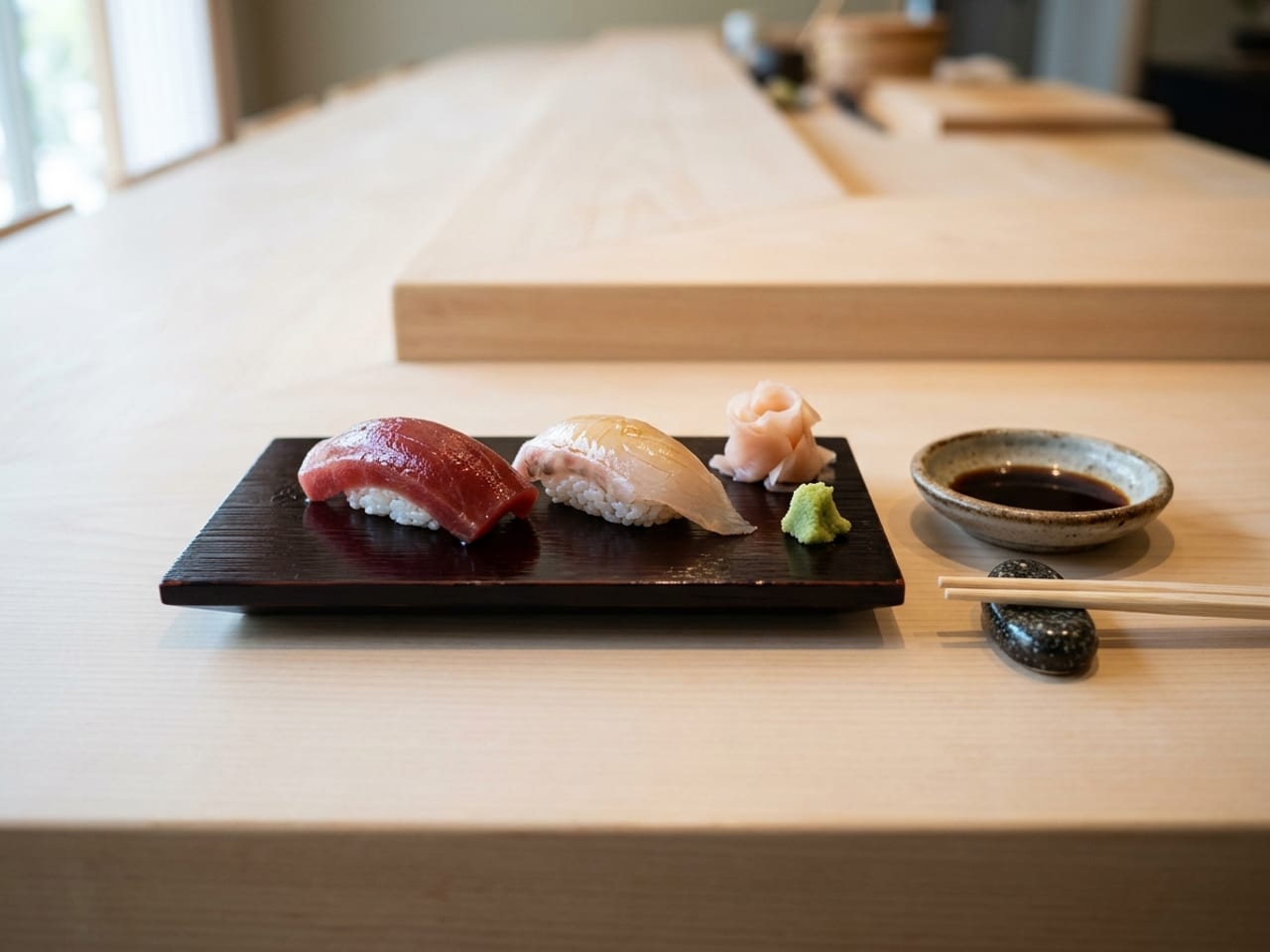 Two pieces of nigiri, deep red tuna and pale sea bream, on a dark lacquered board on a pale wooden sushi counter, with a little pink pickled ginger, a dab of wasabi, a small dish of soy sauce and chopsticks on a rest