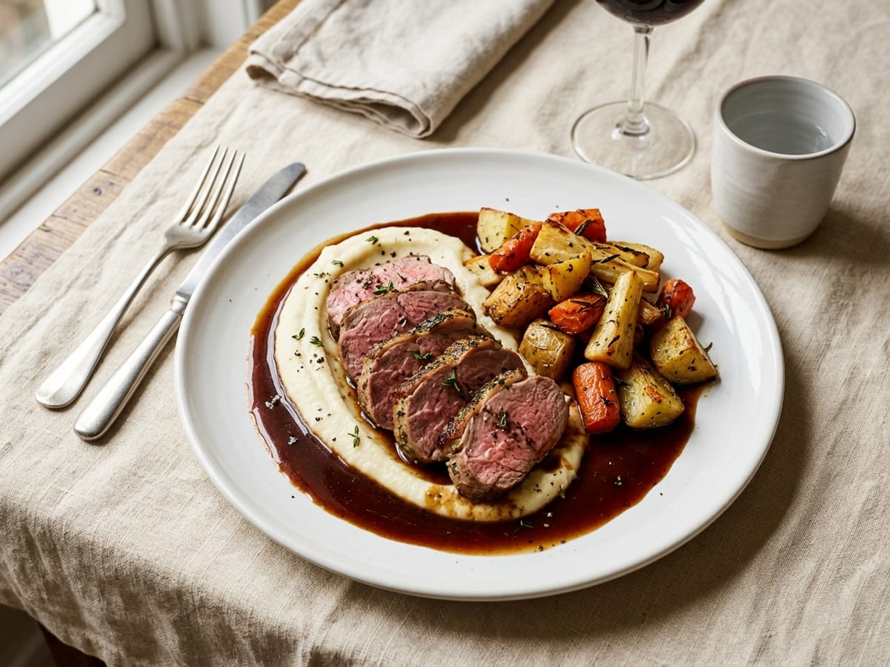 An à la carte lamb main on a white dinner plate: six slices of pink lamb loin fanned over a large spoon of celeriac purée with a heap of roasted root vegetables and a pool of dark jus