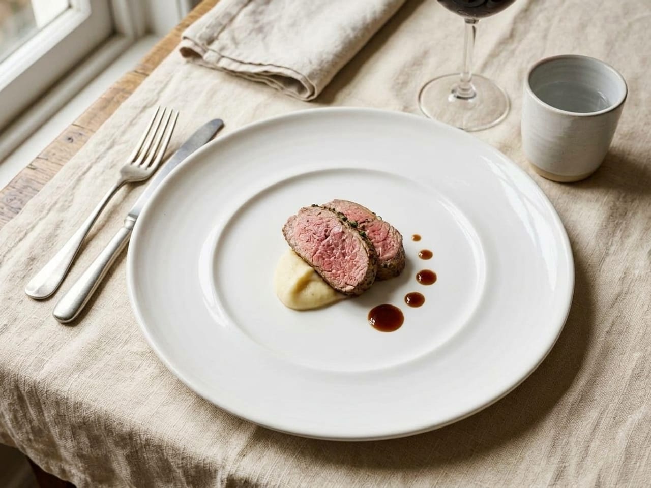 The same plate and lamb as a tasting portion: two slices of lamb on a small spoon of celeriac purée with a few drops of jus, centered, with a wide ring of empty plate around it