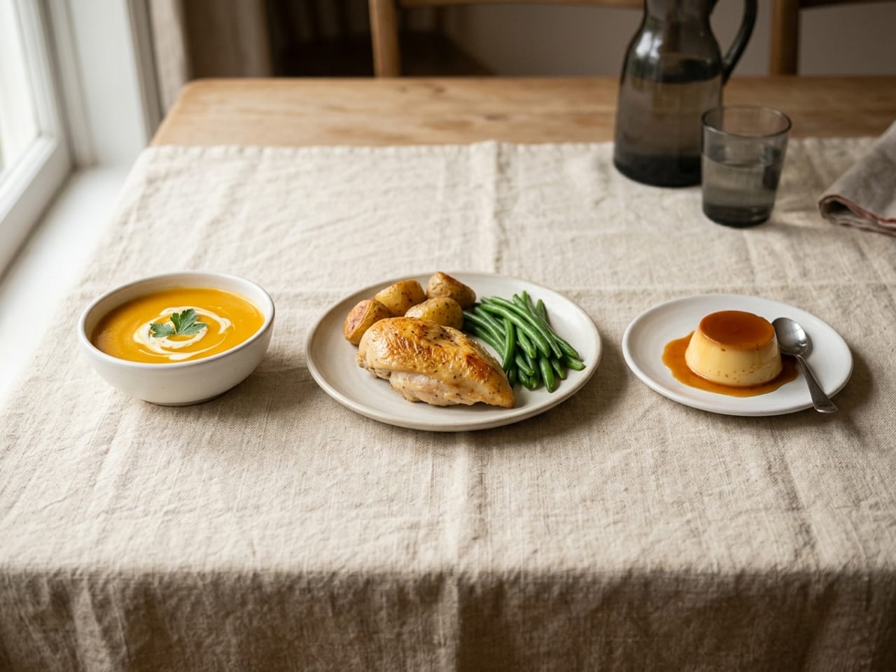Three smaller courses lined up left to right on cream linen: a small bowl of orange squash soup, a plate with a roast chicken breast and vegetables, and a small crème caramel