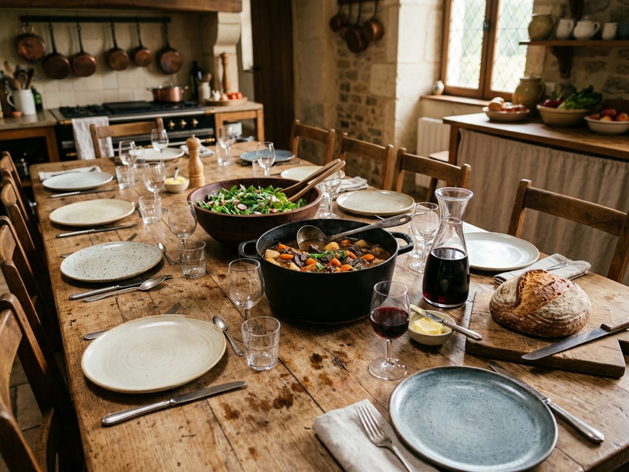 A long rustic wooden farmhouse table set for eight with mismatched plates, a cast-iron pot of beef stew, a big bowl of green salad, a round country loaf on a board and a carafe of red wine, in warm evening light
