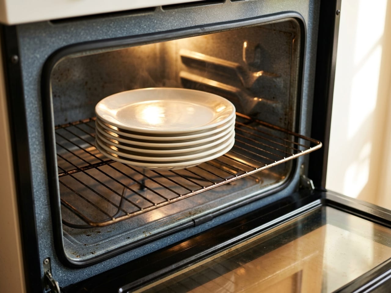 A stack of plain white dinner plates warming on the middle rack of an open home oven