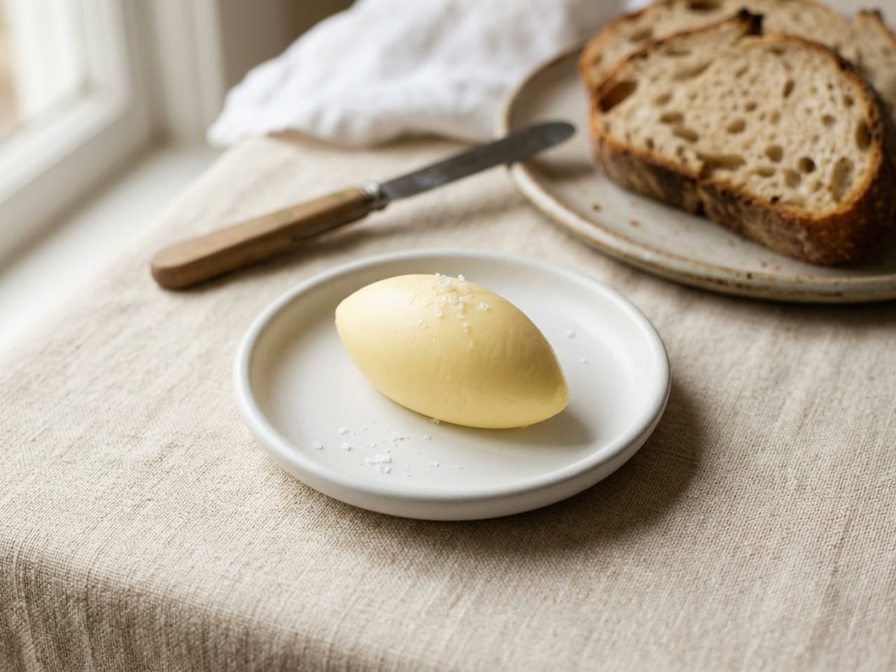 One oval quenelle of pale yellow butter sprinkled with flaky salt on a small white dish, slices of crusty bread and a butter knife behind it