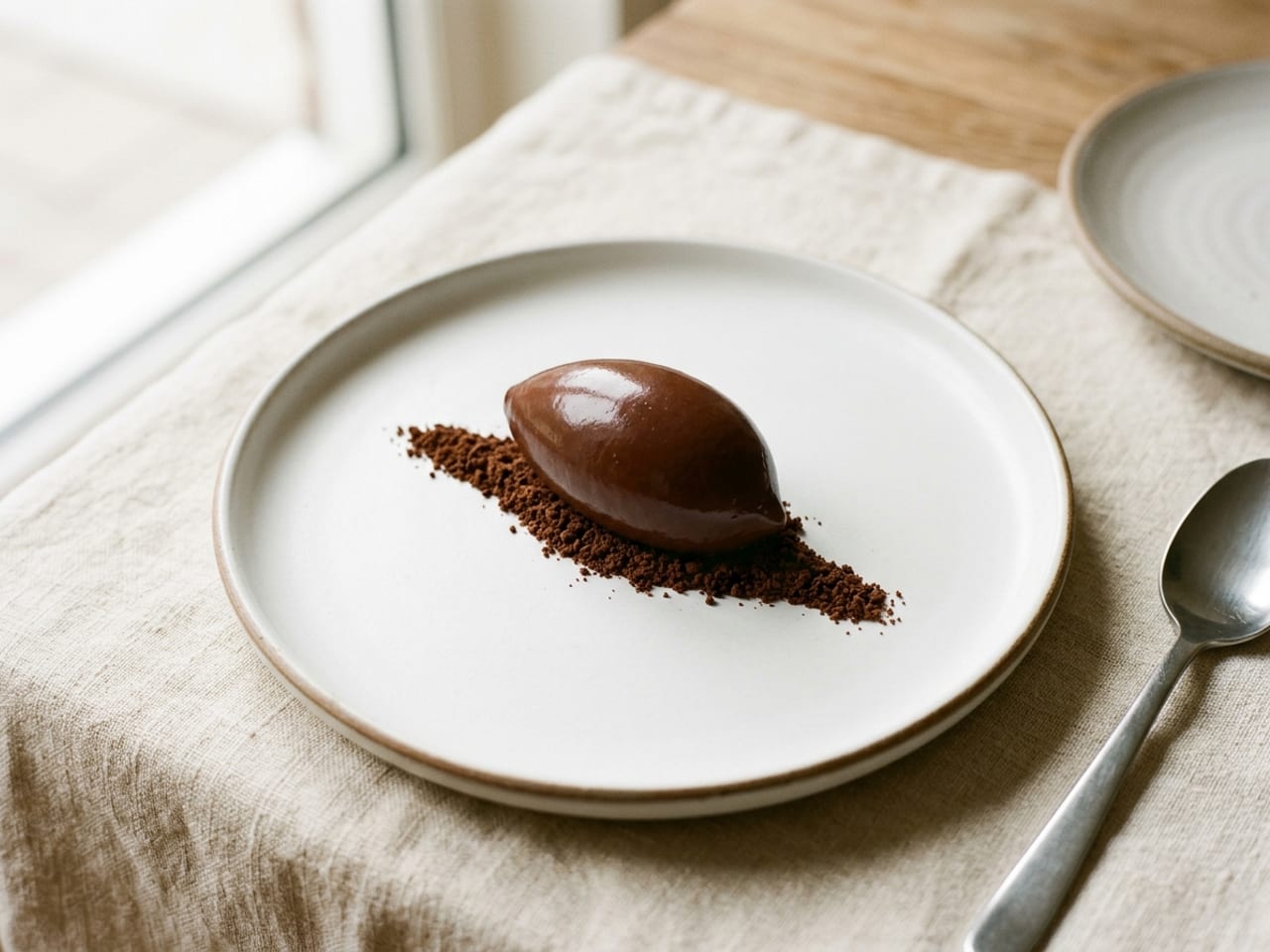 One smooth, egg-shaped quenelle of dark whipped chocolate ganache on a matte white plate, resting on a thin line of dark cocoa crumbs
