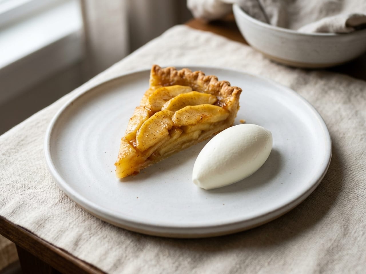 A wedge of golden apple tart on a matte white plate with one smooth, egg-shaped quenelle of white whipped cream beside it