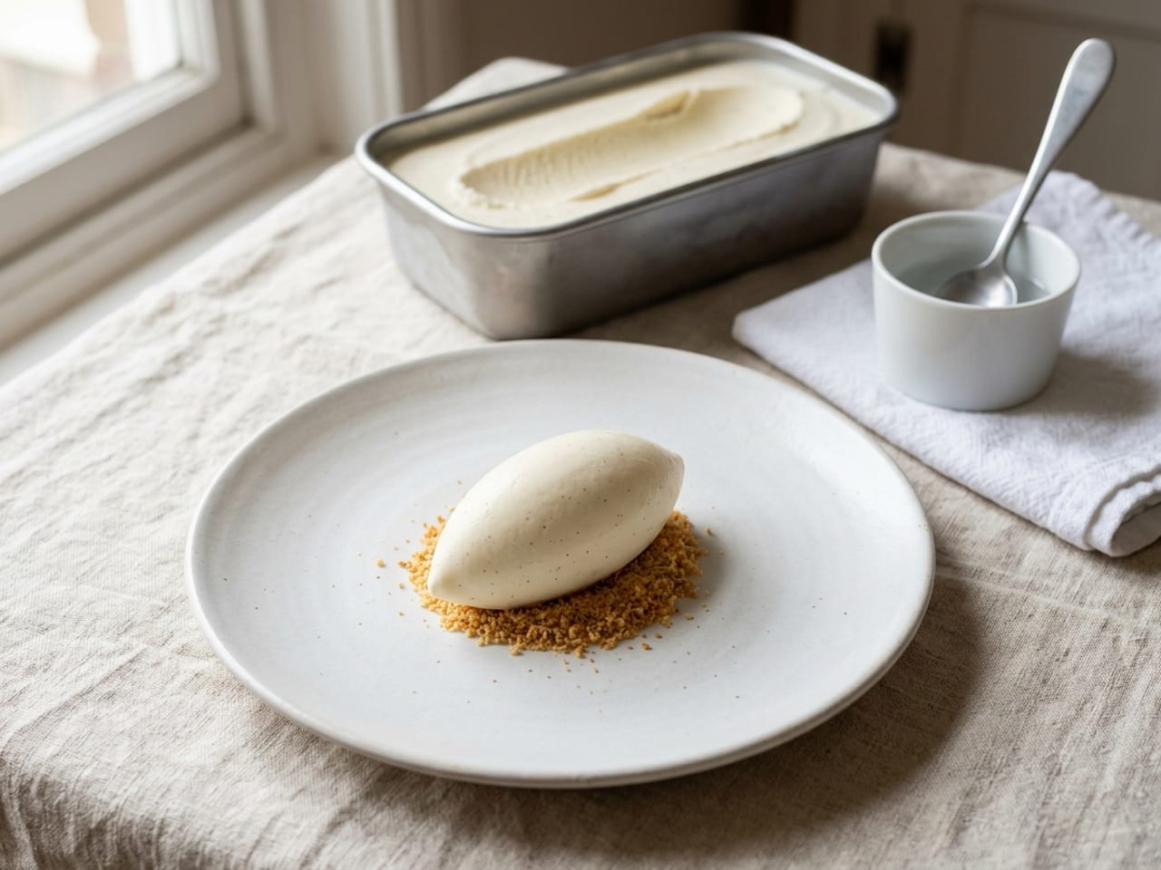 A smooth, egg-shaped quenelle of vanilla ice cream with softly pointed ends on a small bed of golden crumbs on a matte white plate; behind it, out of focus, a steel tub of the same ice cream with a long curled furrow in its surface and an oval spoon standing in a cup of water on a folded towel
