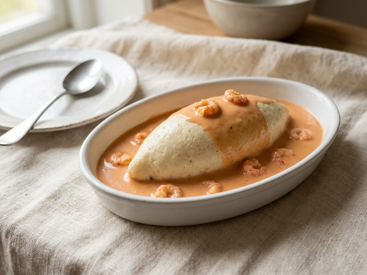 A plump, pale, oval poached pike quenelle in a shallow white dish, coated in a glossy coral-pink crayfish cream sauce with a few small crayfish tails