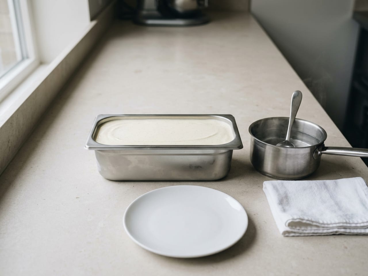 A steel tub of vanilla ice cream with a flat, untouched surface on a stone counter, a deep oval spoon standing in a small pan of hot water beside it, a folded white towel and an empty white plate in front