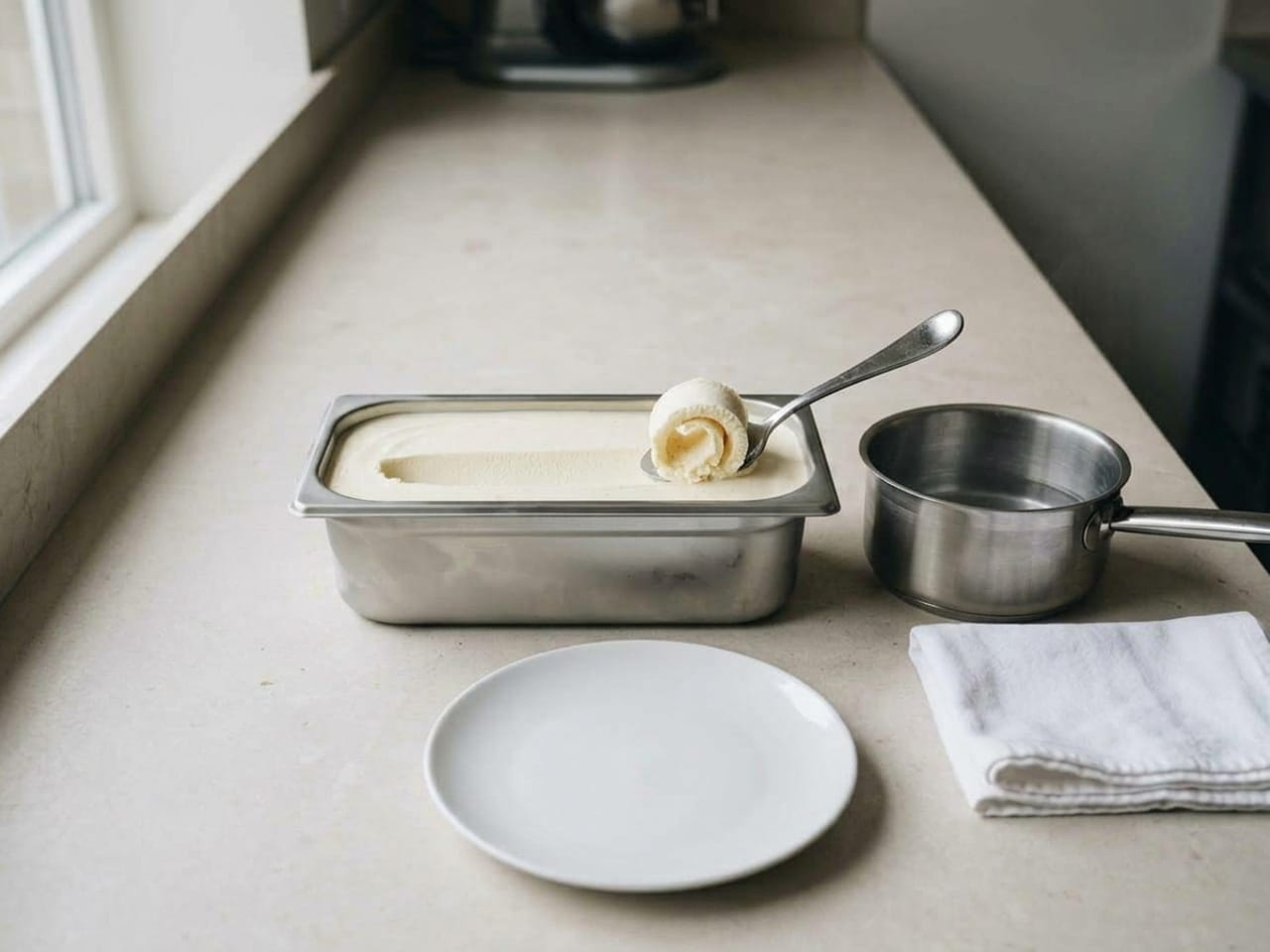 The same tub of vanilla ice cream, now with one long straight furrow cut along its surface; the oval spoon sits at the end of the furrow, tilted, with a ribbon of ice cream curled over on itself in its bowl