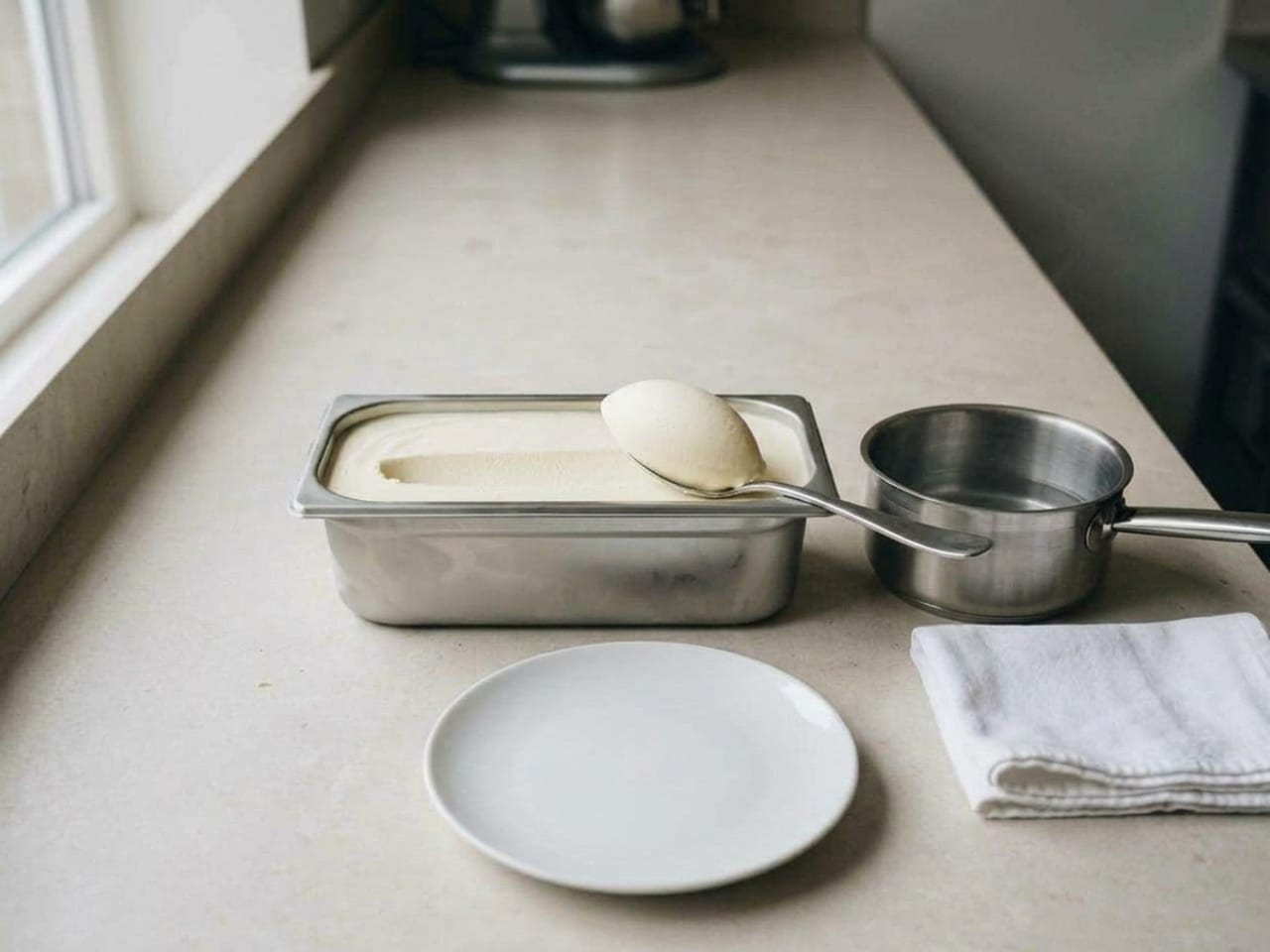 The same tub with its furrow; the spoon now rests on the rim of the tub holding one smooth, egg-shaped oval of ice cream with softly pointed ends and no ridges