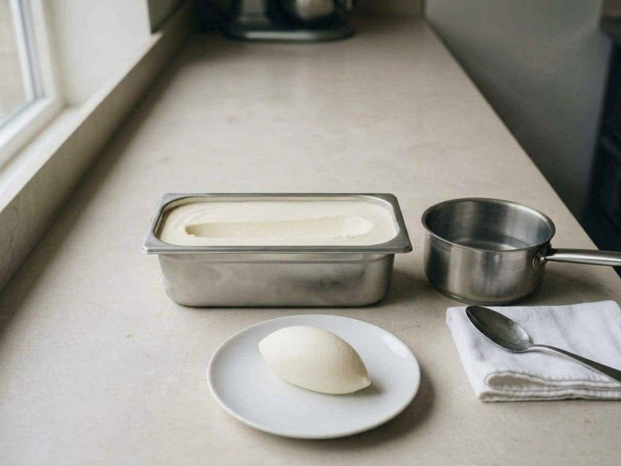 The same counter: the smooth egg-shaped quenelle of vanilla ice cream now lies on its side on the white plate in front, the empty spoon rests on the folded towel and the tub still shows its furrow