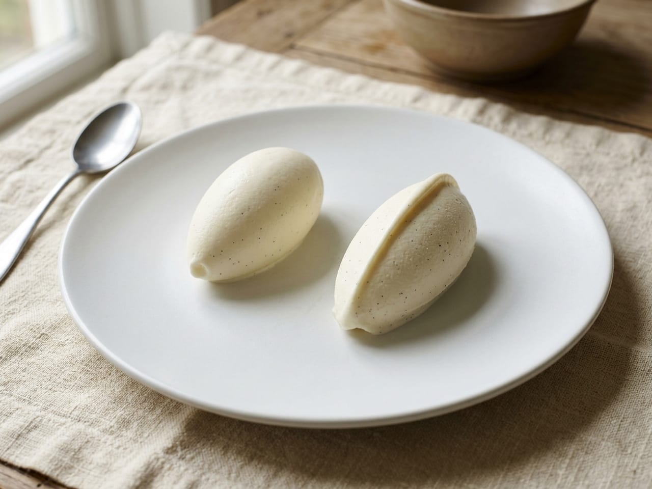 Two ovals of vanilla ice cream side by side on one matte white plate: on the left a smooth egg shape with no edges, on the right an oval of the same size with a raised ridge running along its top from tip to tip