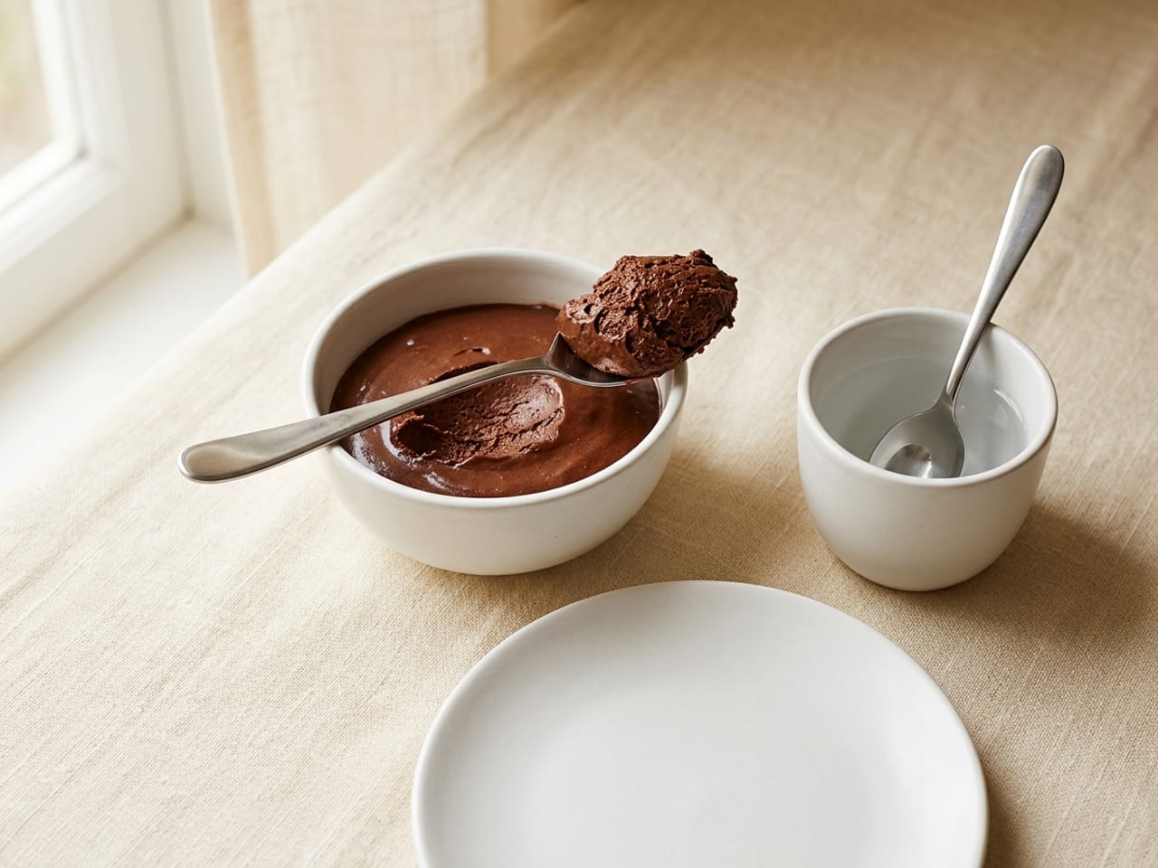 A white bowl of dark chocolate mousse on cream linen; one spoon rests across the rim holding a rough, heaped scoop of mousse, a matching spoon waits in a small cup of water beside the bowl, and an empty white plate stands in front