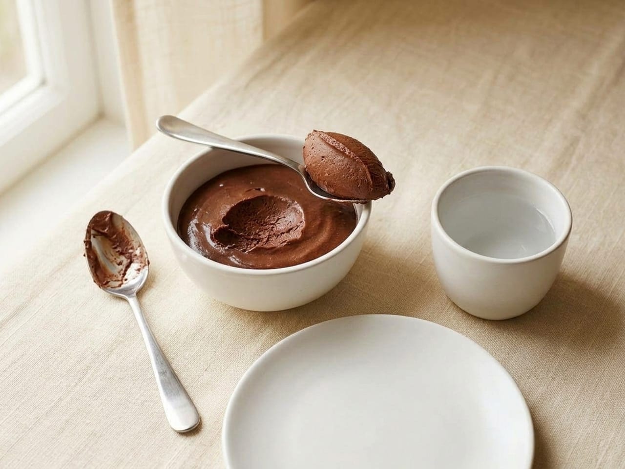 The same bowl of chocolate mousse; the mousse is now on the second spoon, half shaped, with one smooth flat face and a clean ridge along its top, while the first spoon lies empty beside it with a thin smear of mousse