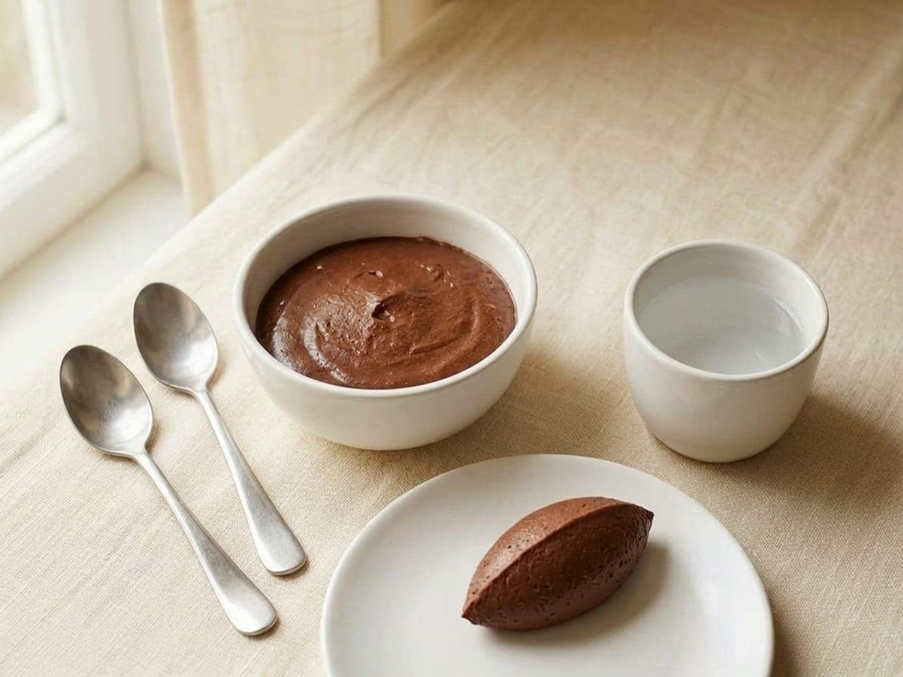 The same table: a finished quenelle of dark chocolate mousse, an oval with smooth faces meeting in clear ridges and pointed ends, now sits on the white plate in front, both spoons lying empty beside the bowl