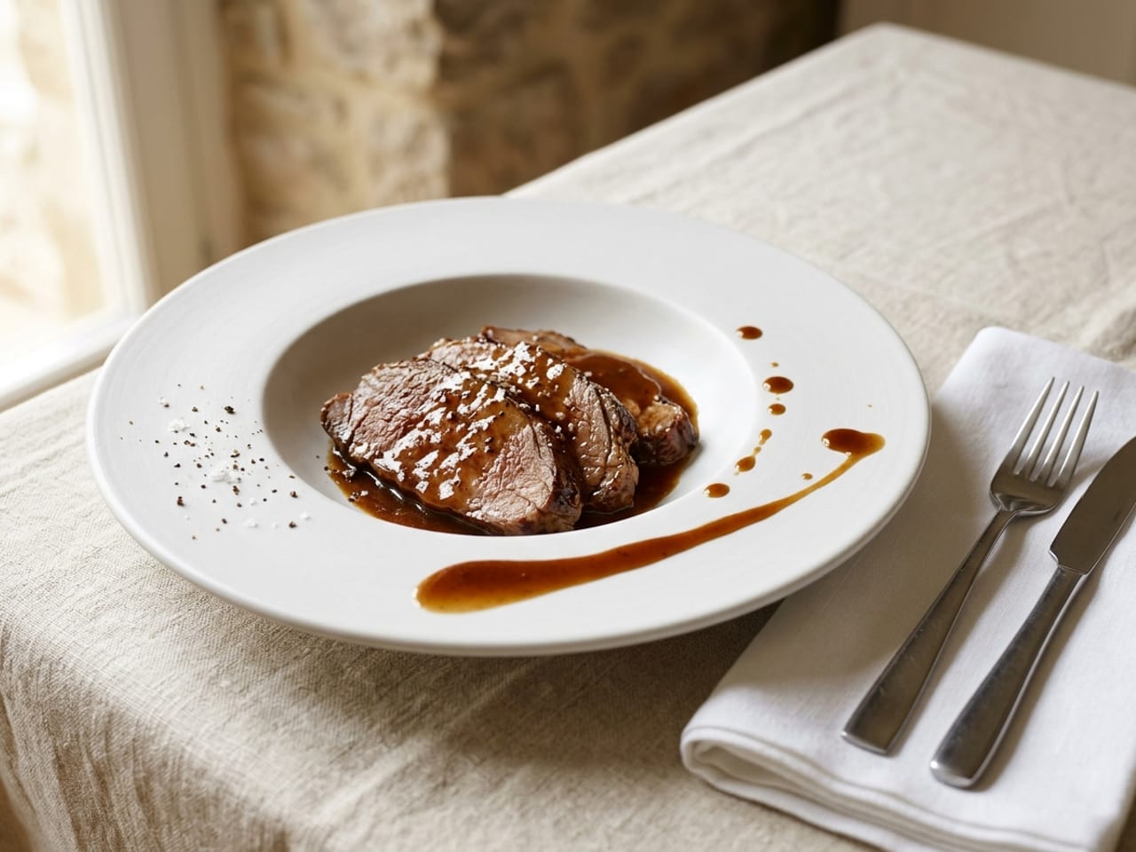 A white rimmed plate with slices of meat and a brown sauce that has been spooned carelessly so that drips and a smear of the sauce run across the wide rim, a folded white napkin with a fork and knife on the linen beside the plate