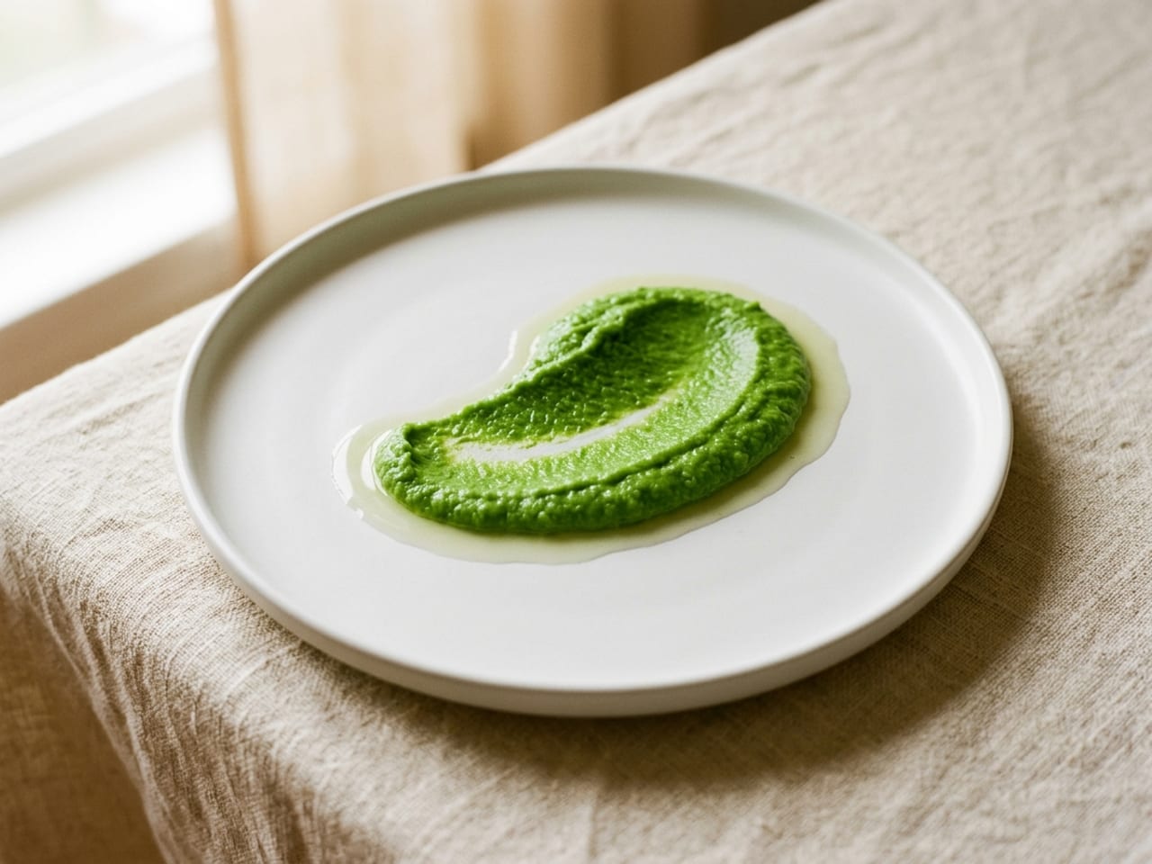 Close view of a swoosh of bright green purée on a matte white plate with a thin ring of clear, watery liquid spreading out from its edges onto the plate