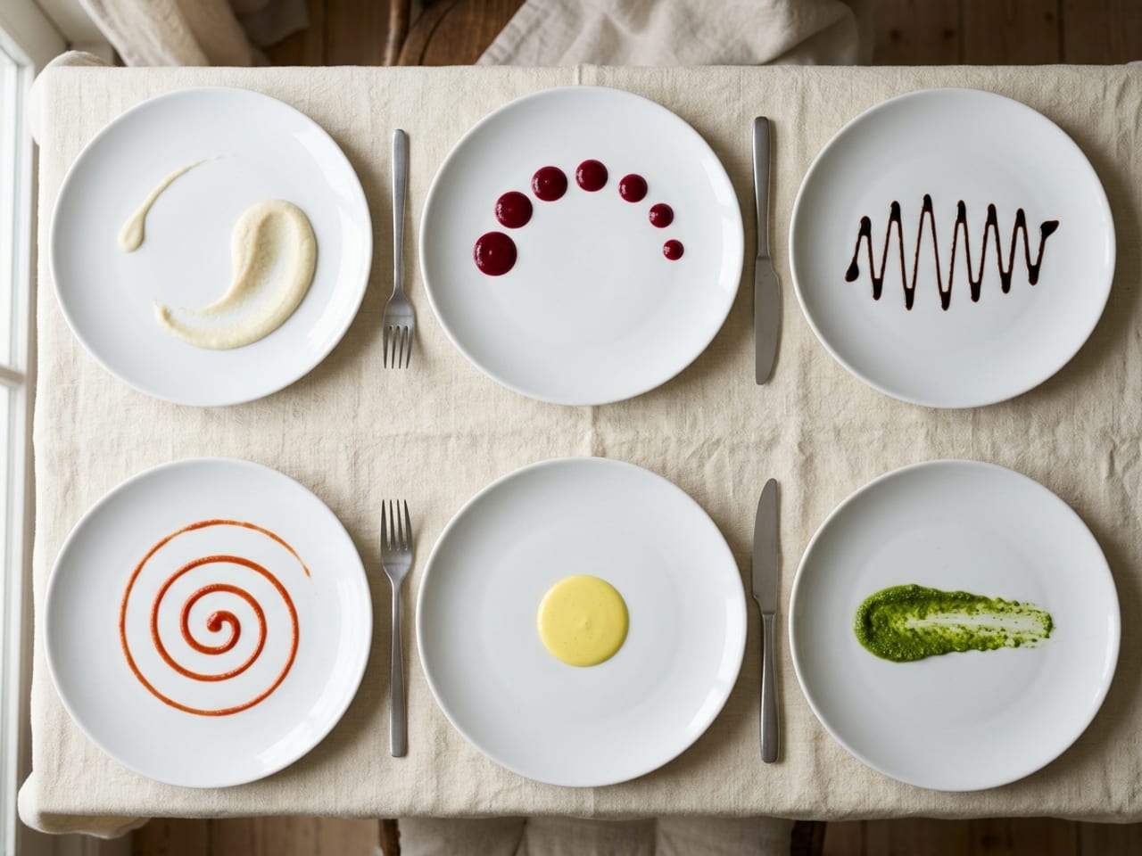 Several matte white plates side by side on cream linen, each showing one way of plating sauce: a pale purée pulled into a comma-shaped swoosh, a curve of red sauce dots, a zigzag of dark sauce, a spiral of sauce, a round pool of pale sauce and a brushed stroke of green sauce