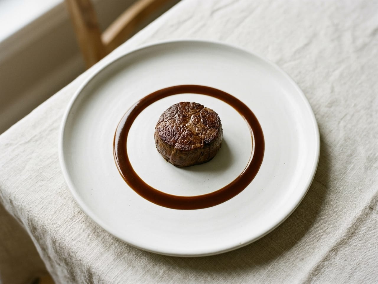 A matte white plate with a small round fillet of beef in the middle and an even band of glossy dark brown sauce spooned in a ring around it on the plate, not touching the meat, the rim clean