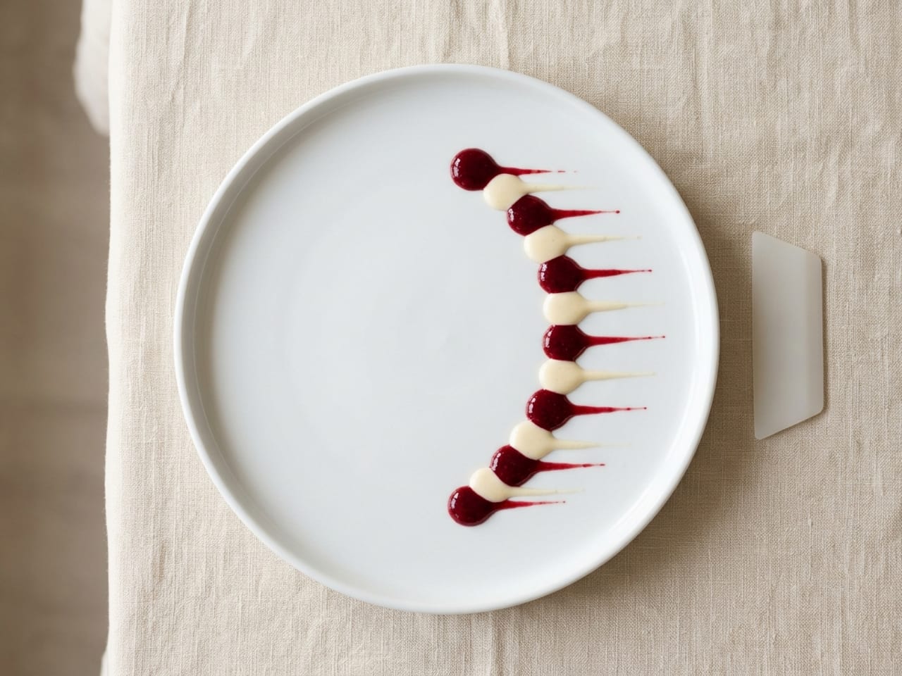 Overhead view of a matte white plate with a curved row of sauce dots alternating deep red and pale cream, each dot pulled sideways into a thin pointed tail, all the tails running the same way, a small flat plating wedge resting on the linen beside the plate