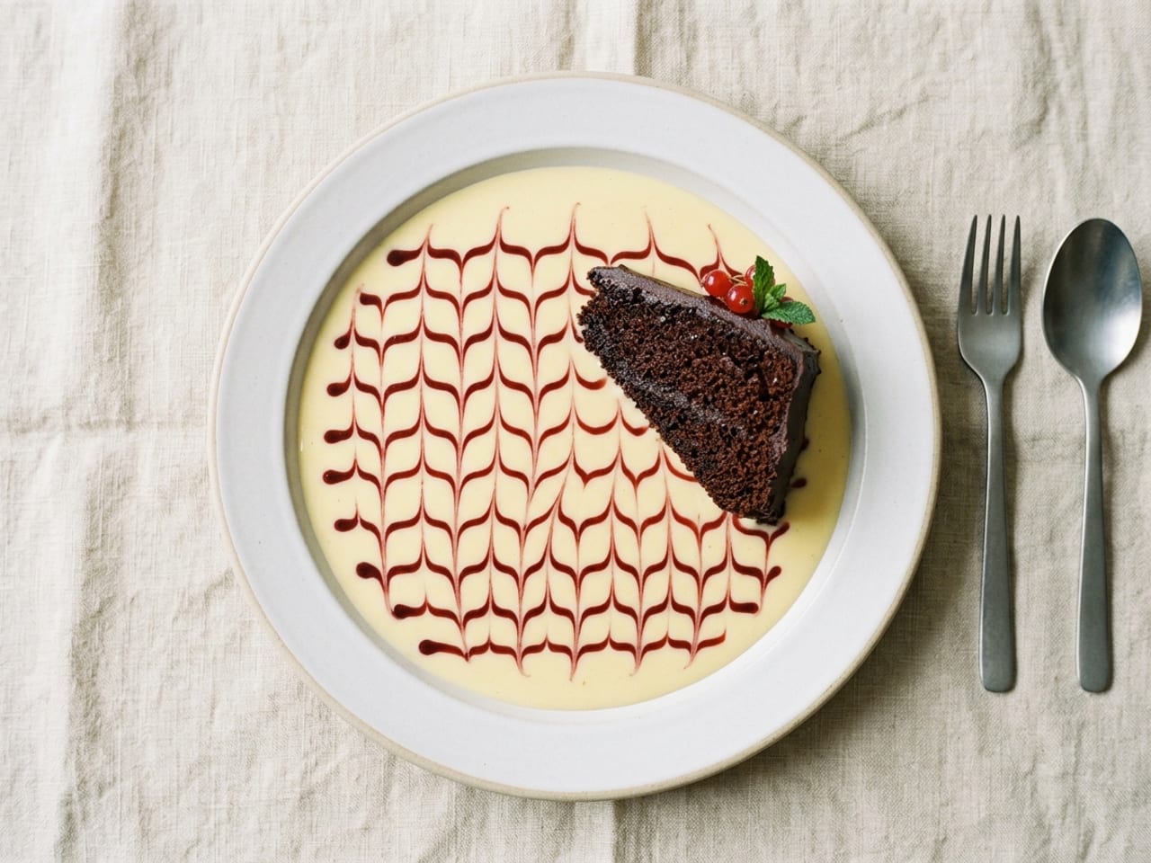 A white dessert plate flooded edge to edge inside the rim with pale yellow custard sauce, thin lines of deep red berry sauce drawn across it and pulled into a feathered pattern of points by a fine tool, a slice of dark chocolate cake set at one side