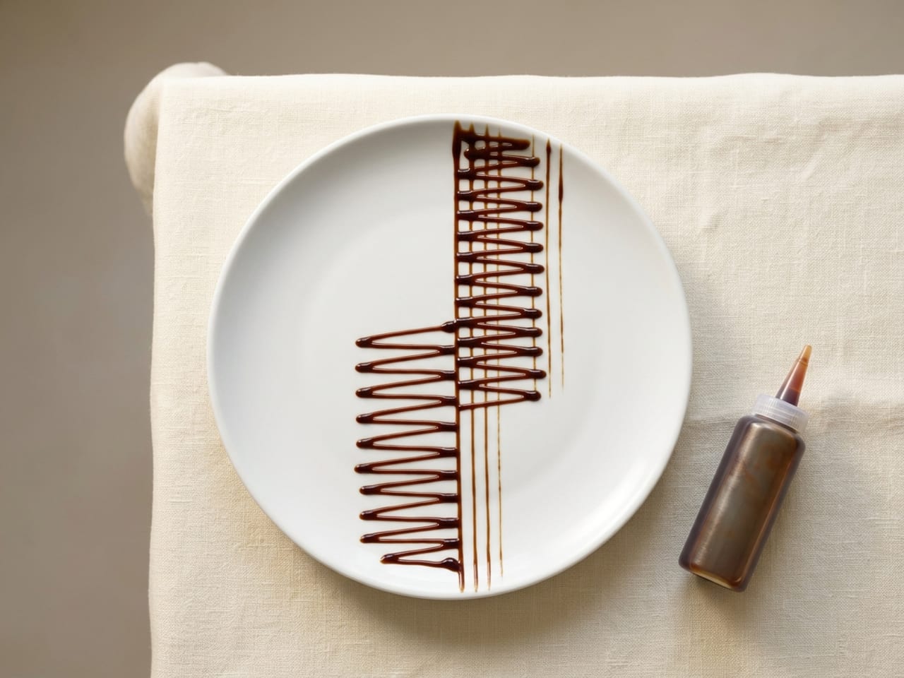 Overhead view of a matte white plate with a tight zigzag of dark glossy sauce drawn from a squeeze bottle across one half of the plate and a few fine straight lines of the same sauce beside it, the rim clean, a small clear squeeze bottle lying on the linen