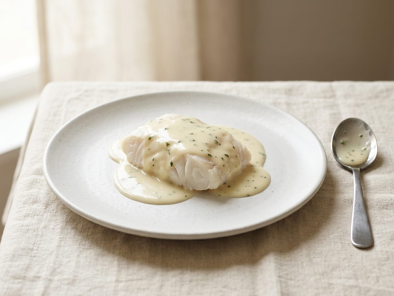 A piece of poached white fish on a matte white plate, coated from above with a smooth pale cream sauce that covers the top of the fish evenly and runs a little way onto the plate around it, a spoon with the same sauce resting beside the plate