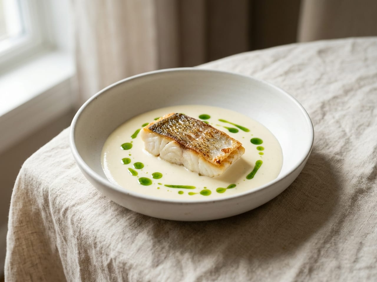 A shallow white bowl with a pool of pale cream sauce, bright green herb oil dropped into it in small round beads and short broken streaks that sit on the surface of the sauce without mixing in, a piece of white fish in the middle