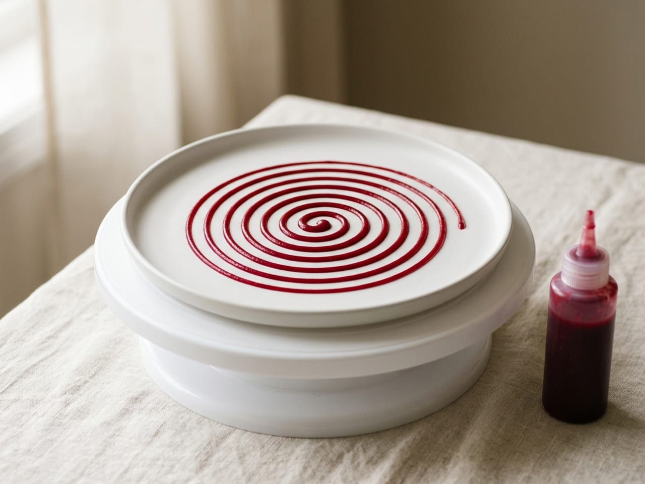 A matte white plate standing on a plain cake turntable, a thin even spiral of deep red sauce drawn on the plate from the centre outward, a small clear squeeze bottle beside the turntable on cream linen