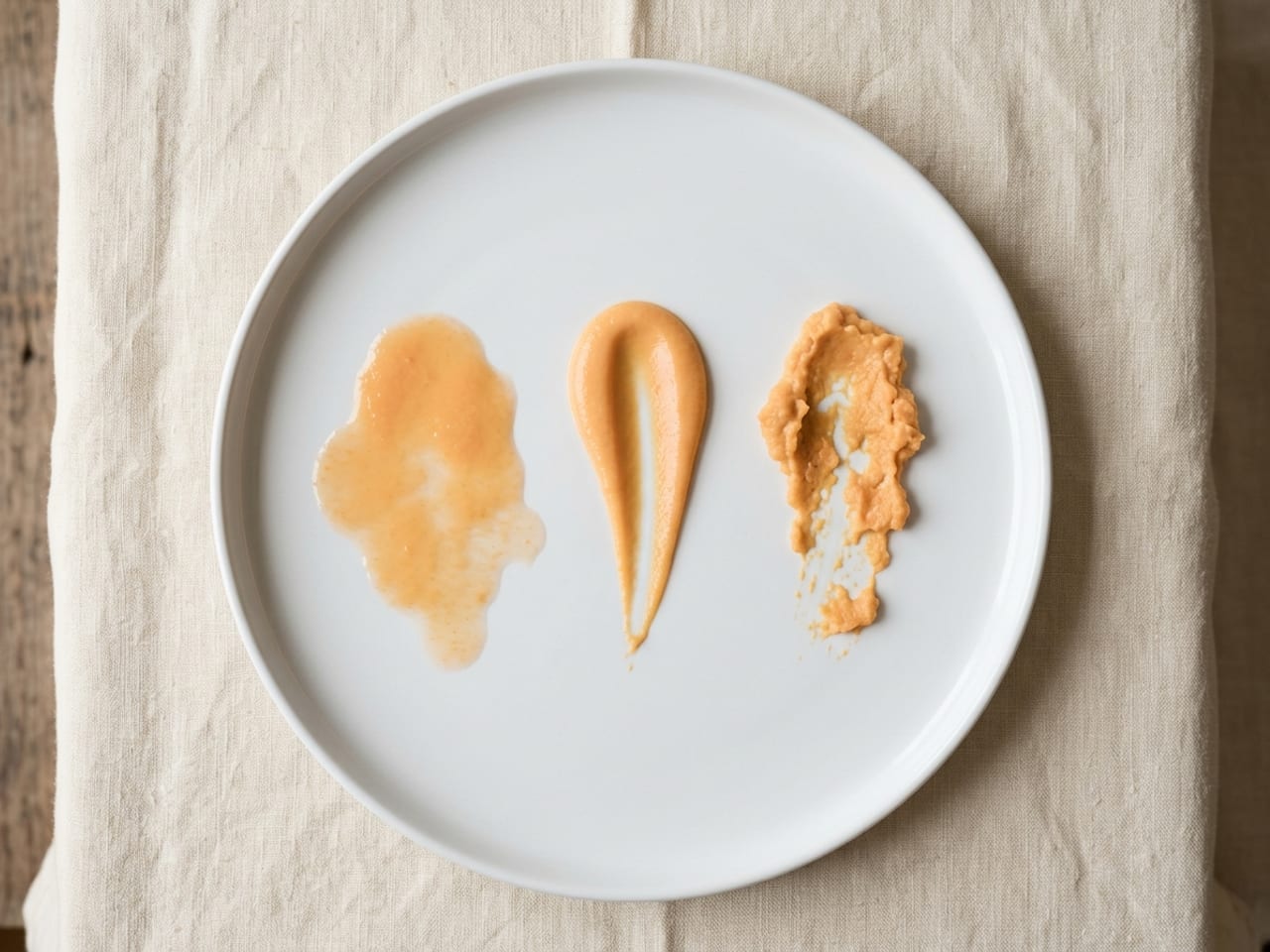 One matte white plate seen from above with marks of the same pale orange purée side by side: on the left a mark that has run into a thin, flat, watery puddle with a blurred edge; in the middle a clean swoosh with a crisp edge that holds its shape; on the right a stiff, lumpy mark that has torn into rough patches with bare plate showing through