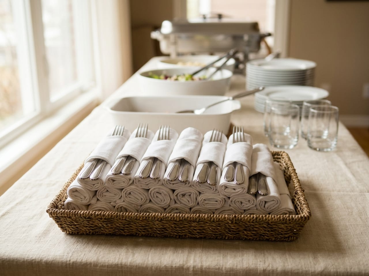 The far end of a home buffet table: serving dishes out of focus behind, and in front a shallow basket of forks and knives rolled into white cloth napkins in tidy rows