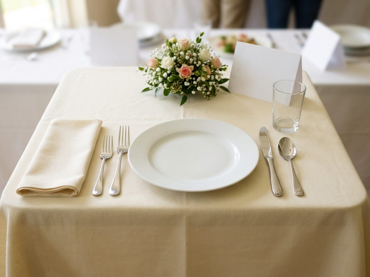 One place setting displayed on a small square table with a cream cloth, as at a fair contest: a white plate, a folded napkin left of two forks, a knife and spoon on the right, a water glass, a small low flower centrepiece behind and a blank folded card standing beside it
