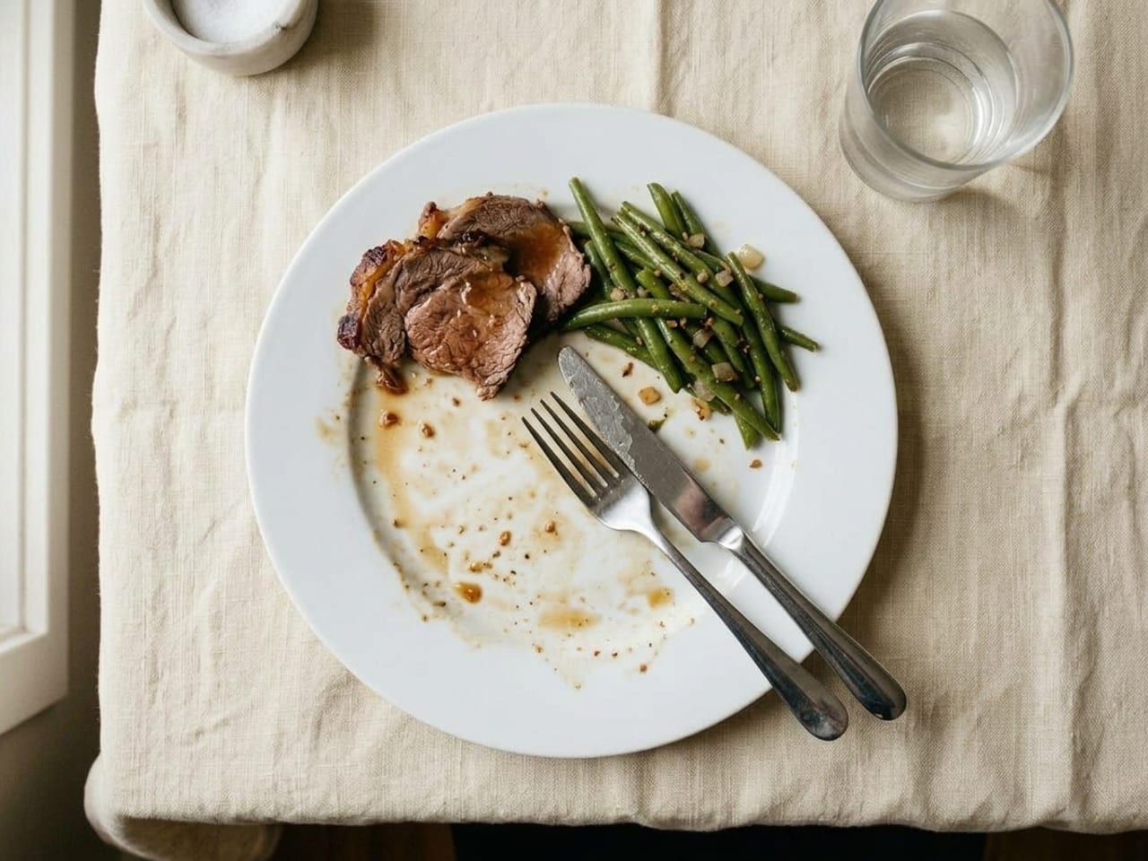 The same plate with the knife and fork lying together, side by side and parallel, handles toward the lower right at about four o'clock: the finished position