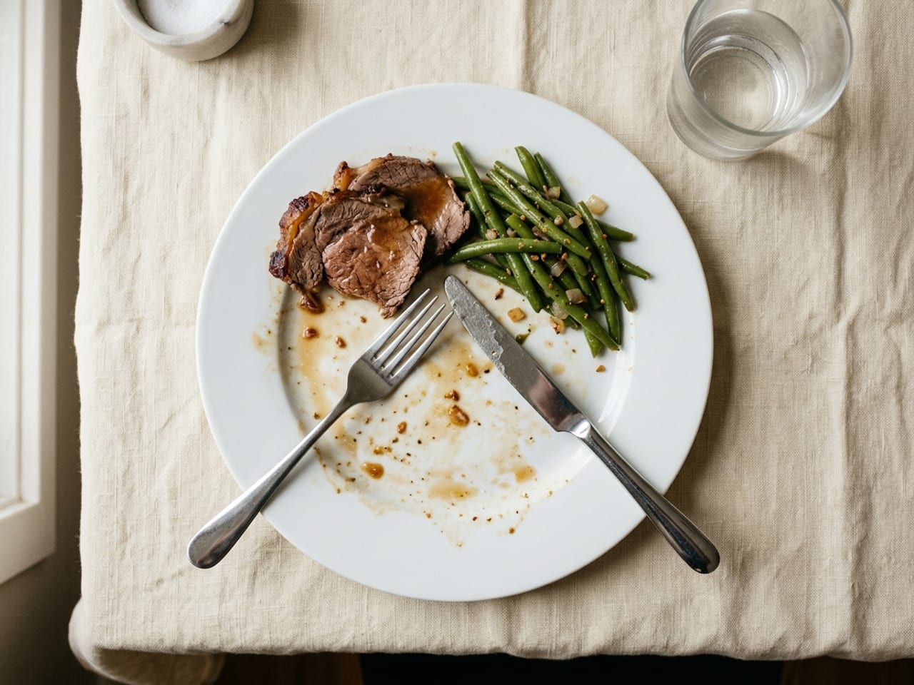 A dinner plate from above with half-eaten roast beef and green beans; the knife and fork lie apart, tips toward each other near the top of the plate, forming an upside-down V: the resting position