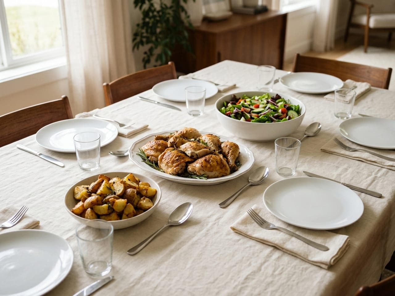 A family-style dinner table for six: a platter of roast chicken, a bowl of green salad and a bowl of roast potatoes in the middle, each serving spoon resting on the cloth beside its dish, and simple places with white plates, a fork and knife, a water glass and a folded napkin each