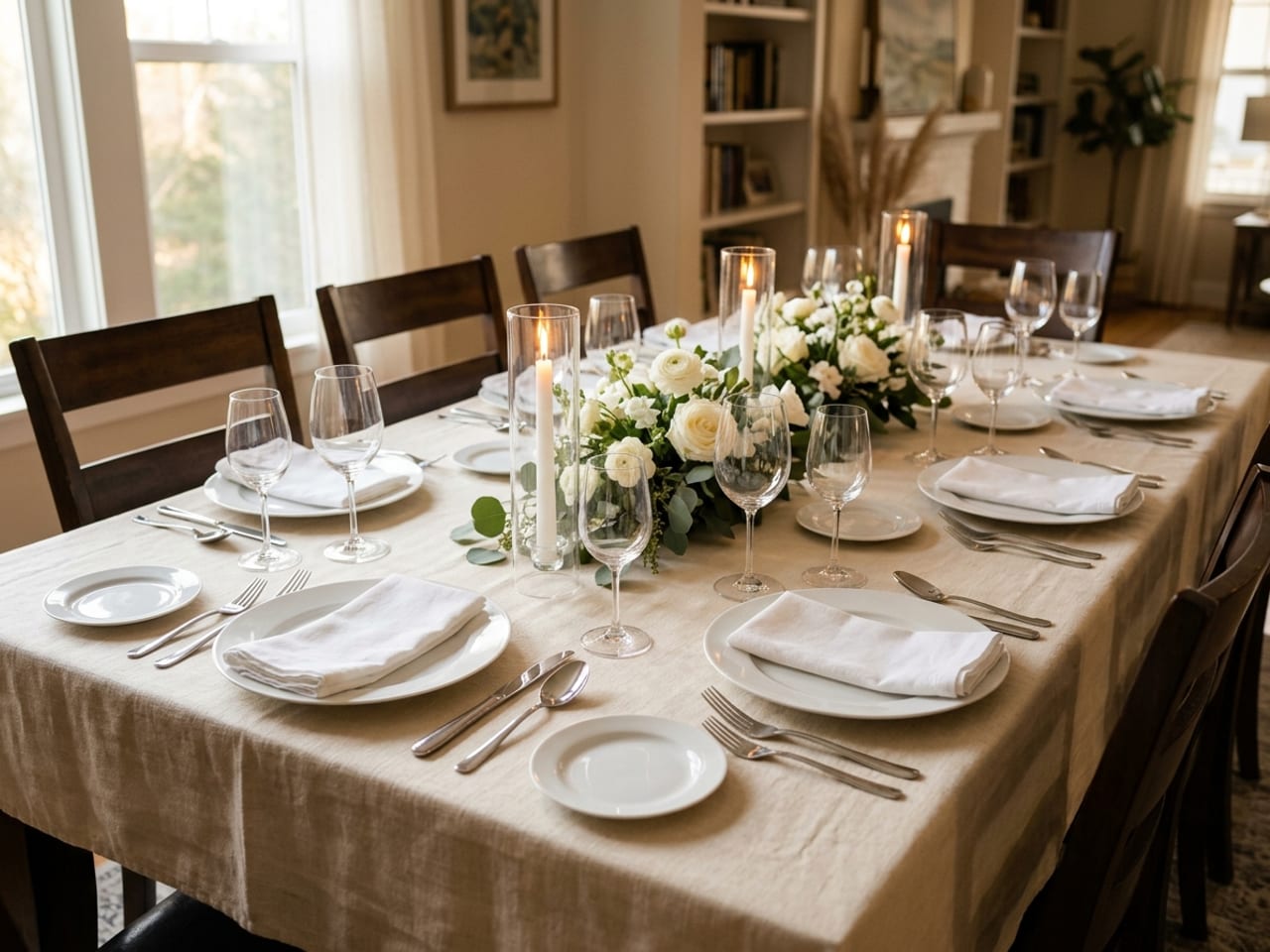 A home dinner table set for six in warm evening light: white plates with folded white napkins, silver forks on the left, knives and spoons on the right, water and wine glasses at the upper right of each place, small bread plates at the upper left, a low centrepiece of white flowers and greenery and white candles in glass hurricane shades