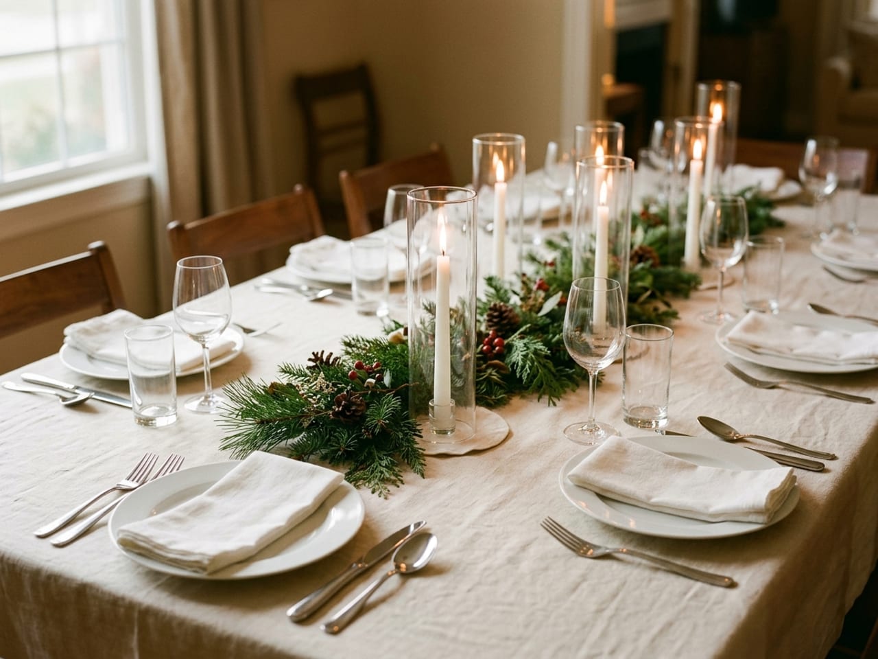 A holiday dinner table in warm evening light: a low centrepiece of evergreen sprigs and small pine cones down the middle, white candles shielded inside tall glass hurricane shades along it, and place settings with white plates, folded napkins, silver cutlery and glasses