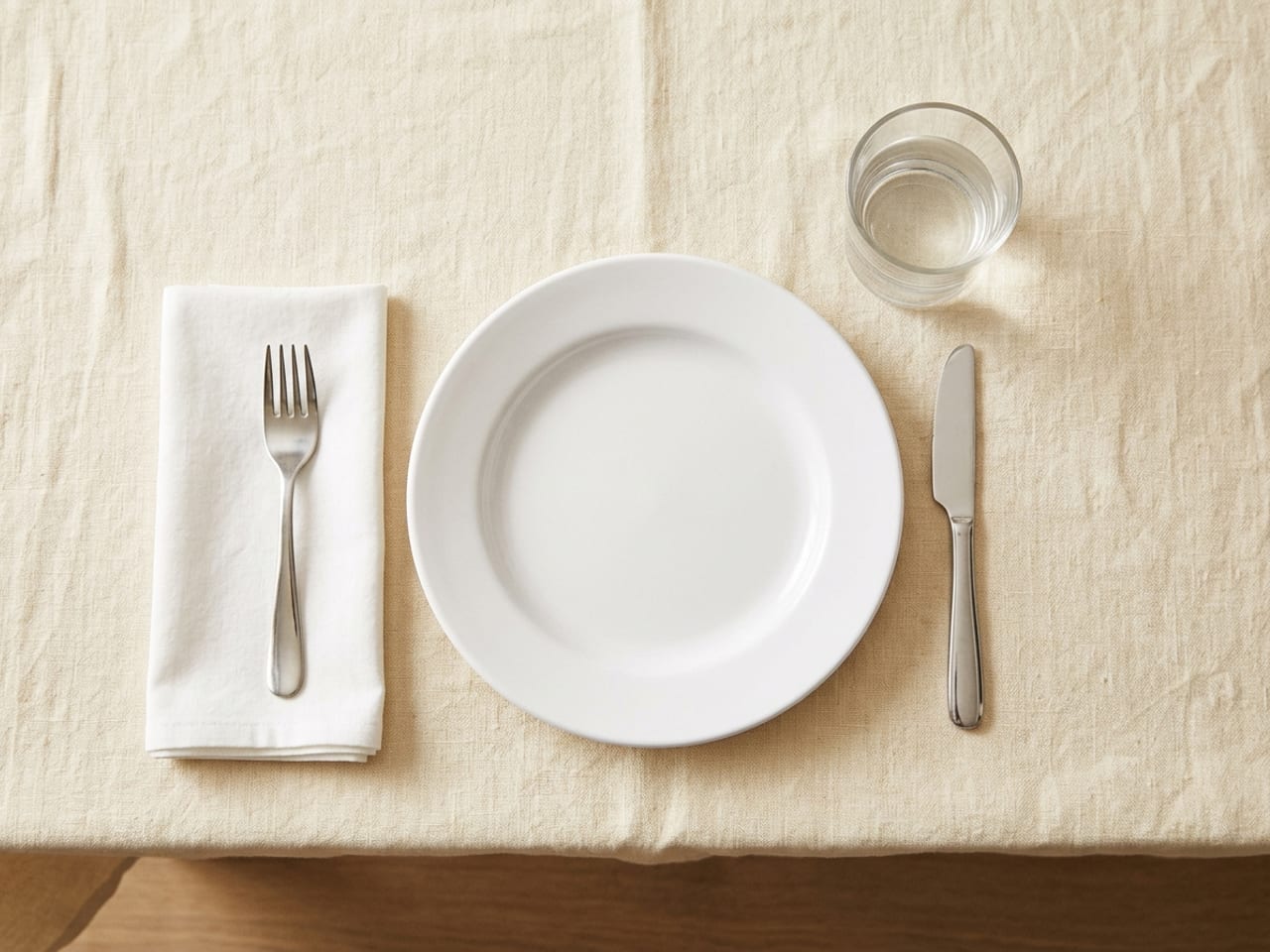 A child's place setting from above: a sturdy white plate, one small fork on a cotton napkin on the left, one small blunt knife on the right and a short clear unbreakable tumbler of water above it