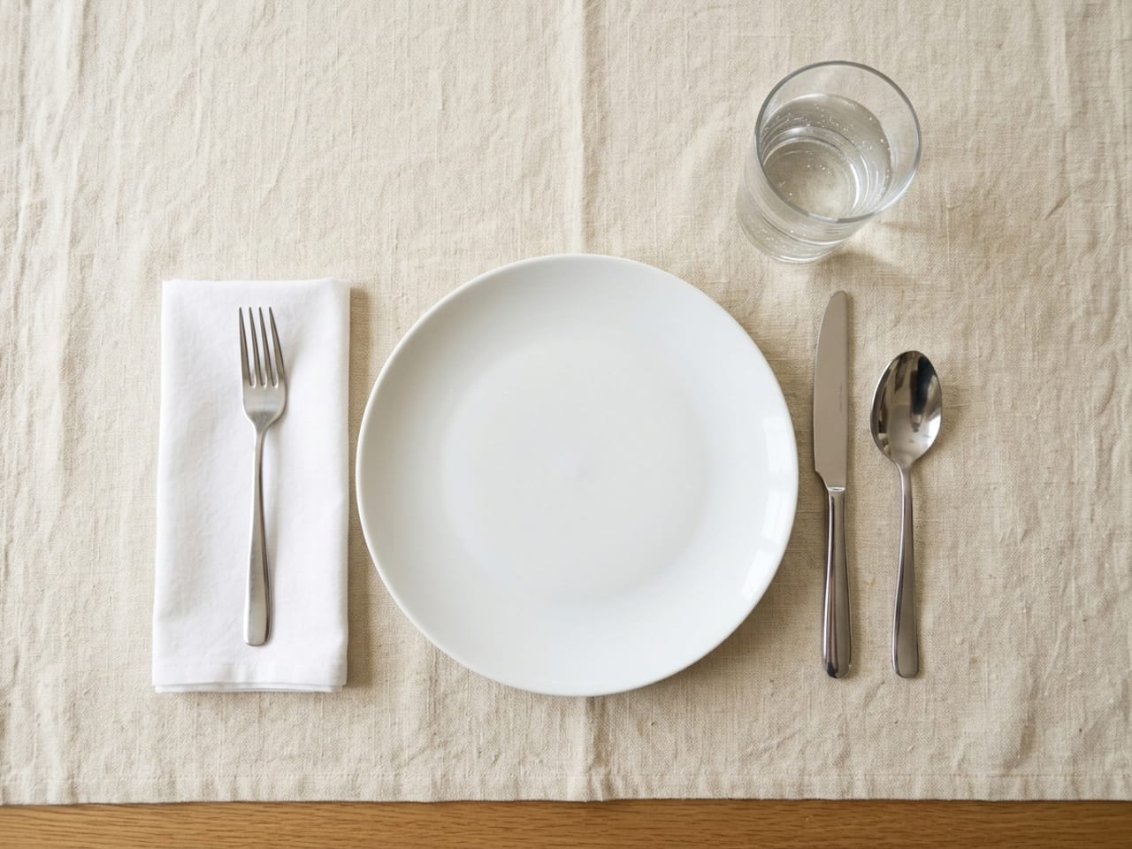 A basic place setting from directly above on cream linen: a white dinner plate in the centre, a white napkin folded into an oblong on the left with one fork on it, one knife with its edge toward the plate and one spoon on the right, and a water tumbler just above the knife tip