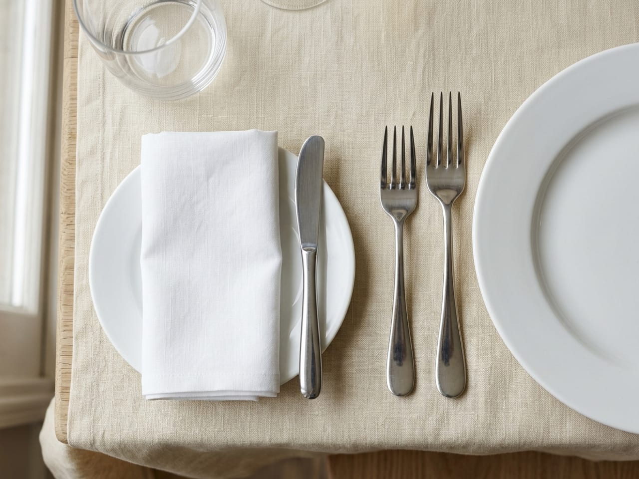 The left half of a place setting from above: two forks beside a white dinner plate, and to the left of the forks a small side plate with a folded white napkin on it and a small butter knife
