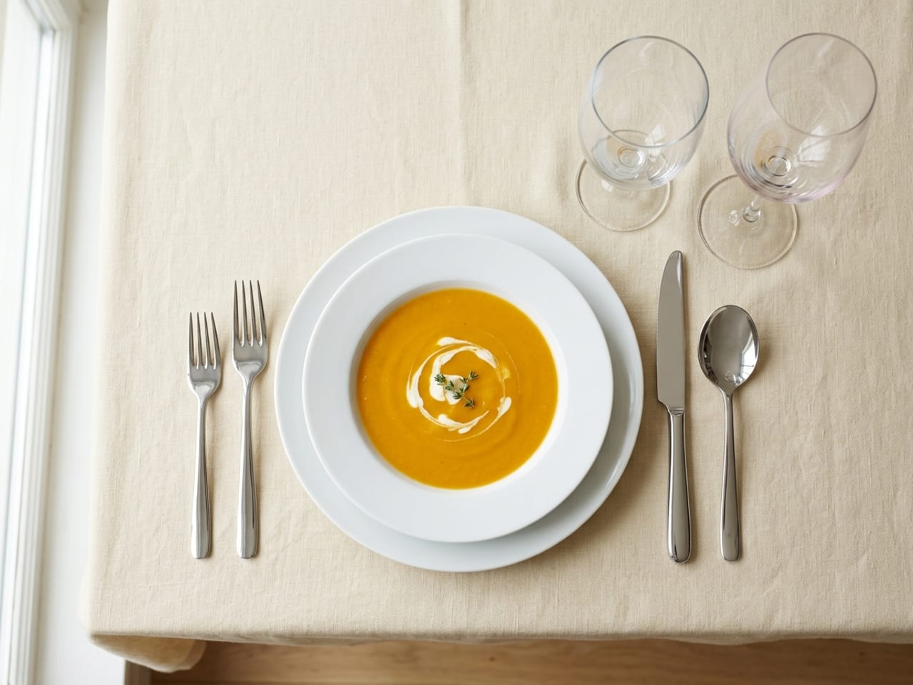 A place setting from above for a soup course: a white charger with a shallow soup plate of orange squash soup swirled with cream, two forks on the left, a knife and a soup spoon on the right, and a water goblet and wine glass at the upper right