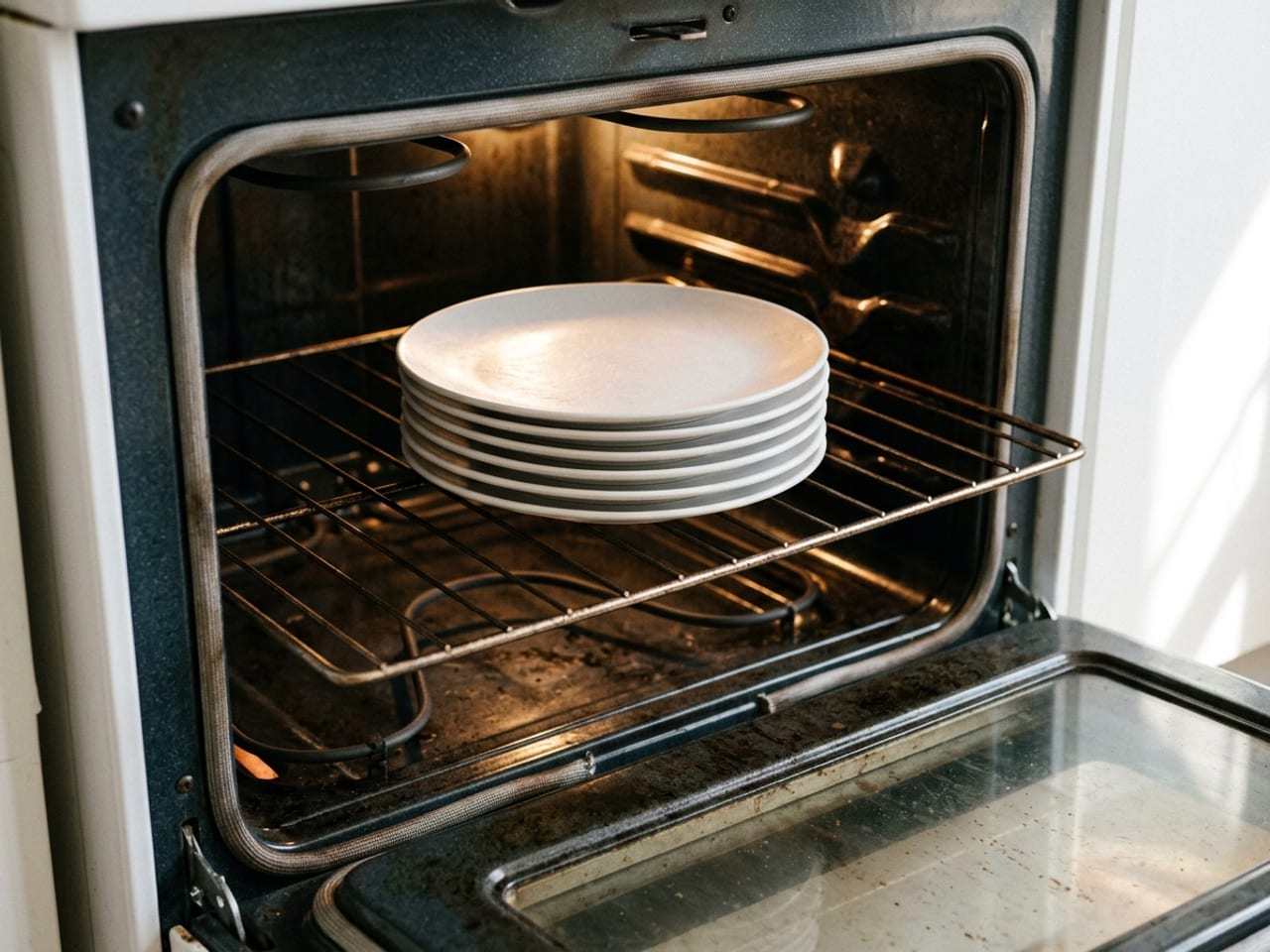 A stack of plain white dinner plates with no metallic rim warming on the middle rack of an open home oven