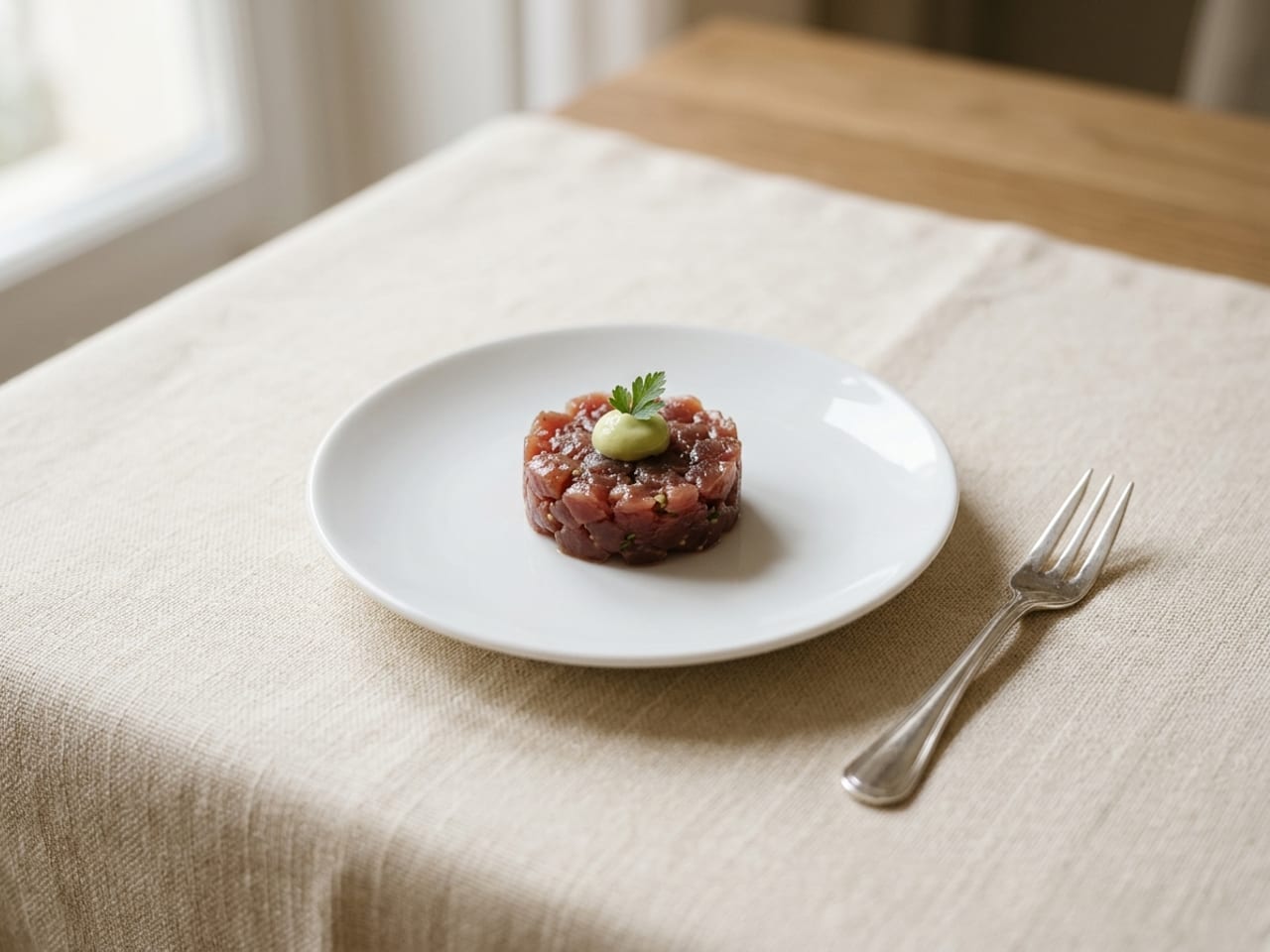A single small round of tuna tartare topped with a dot of avocado cream and a herb leaf on a small white appetiser plate, a cocktail fork on the linen beside it